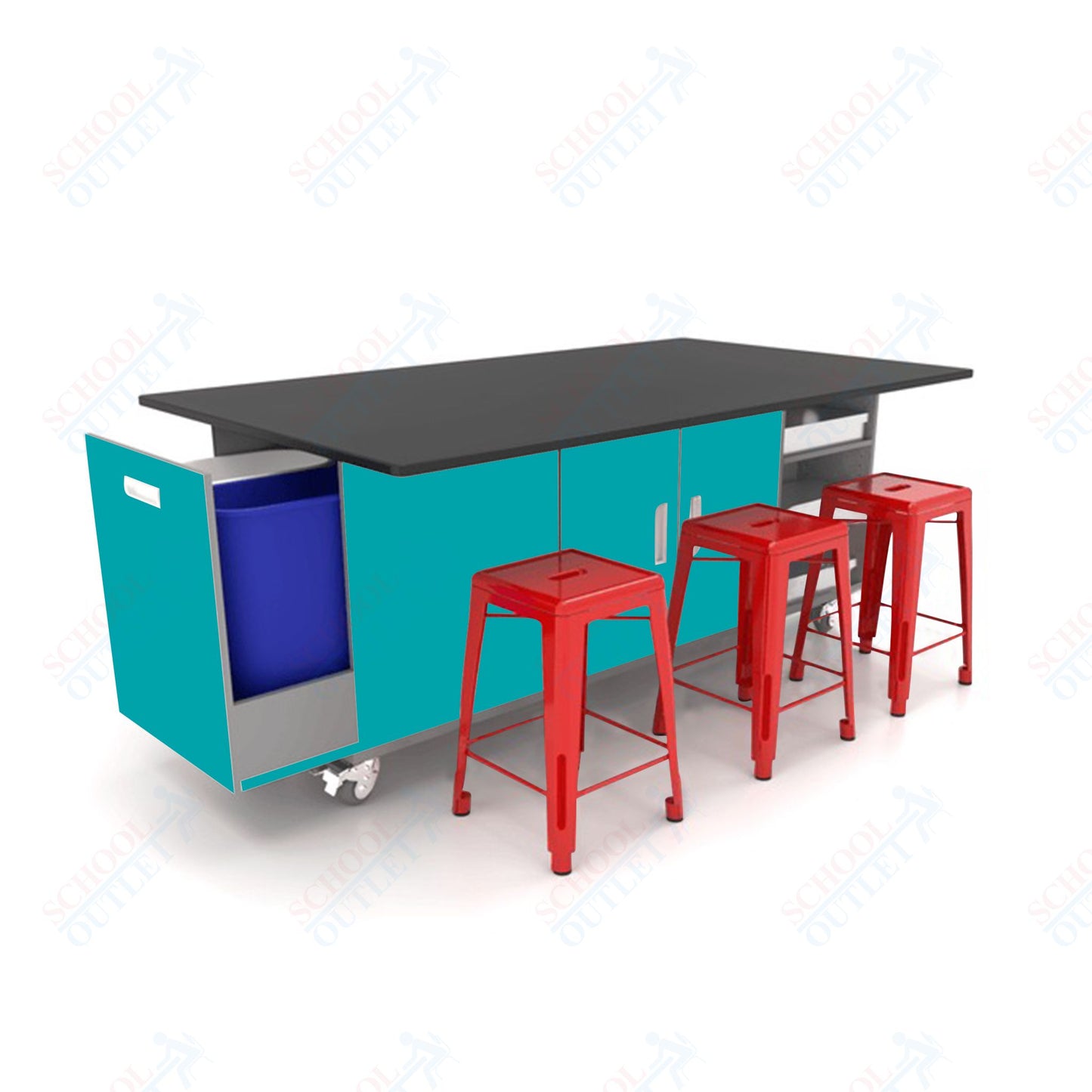 CEF ED Original Table 36"H Chemical Resistant Top, Laminate Base with  6 Stools, Storage Bins, Trash Bins, and Electrical Outlets Included.