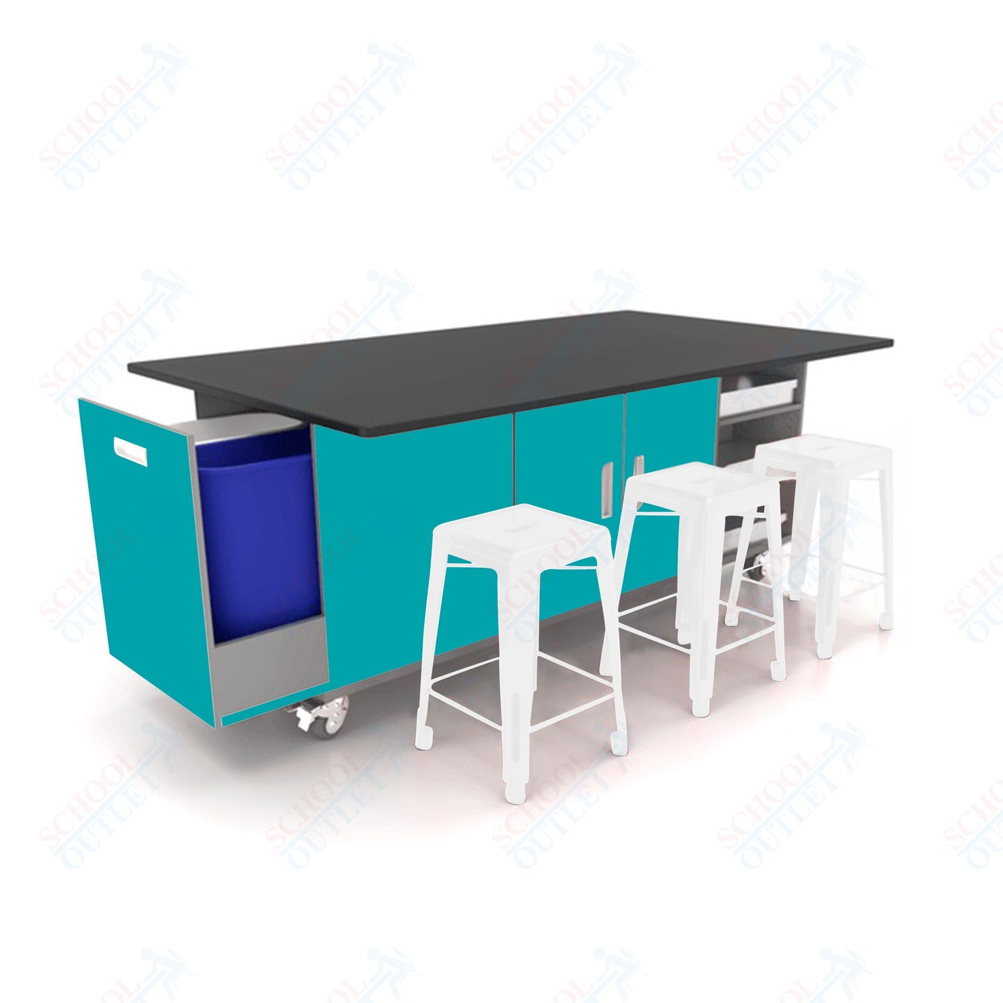 CEF ED Original Table 36"H Chemical Resistant Top, Laminate Base with  6 Stools, Storage Bins, Trash Bins, and Electrical Outlets Included.