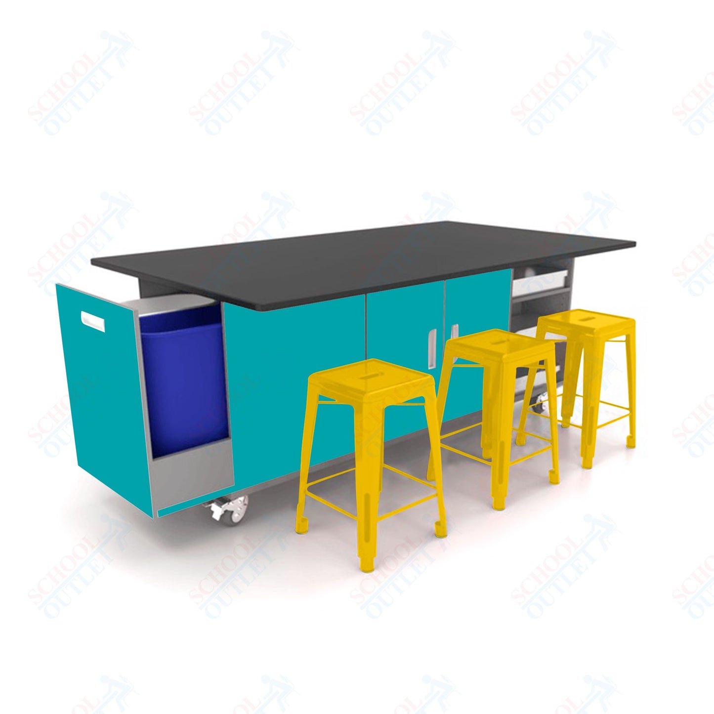 CEF ED Original Table 36"H Chemical Resistant Top, Laminate Base with  6 Stools, Storage Bins, Trash Bins, and Electrical Outlets Included.