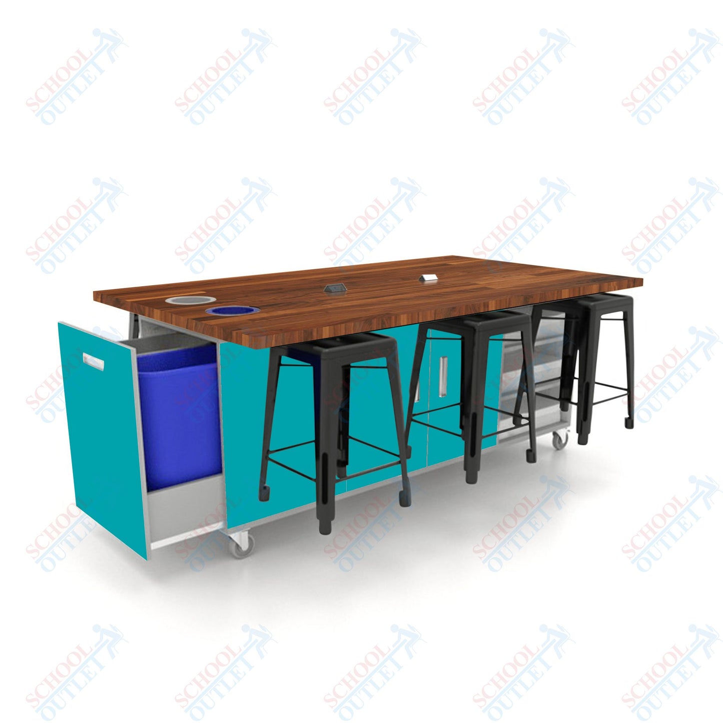 CEF ED Original Table 36"H Butcher Block Top, Laminate Base with  6 Stools, Storage Bins, Trash Bins, and Electrical Outlets Included.