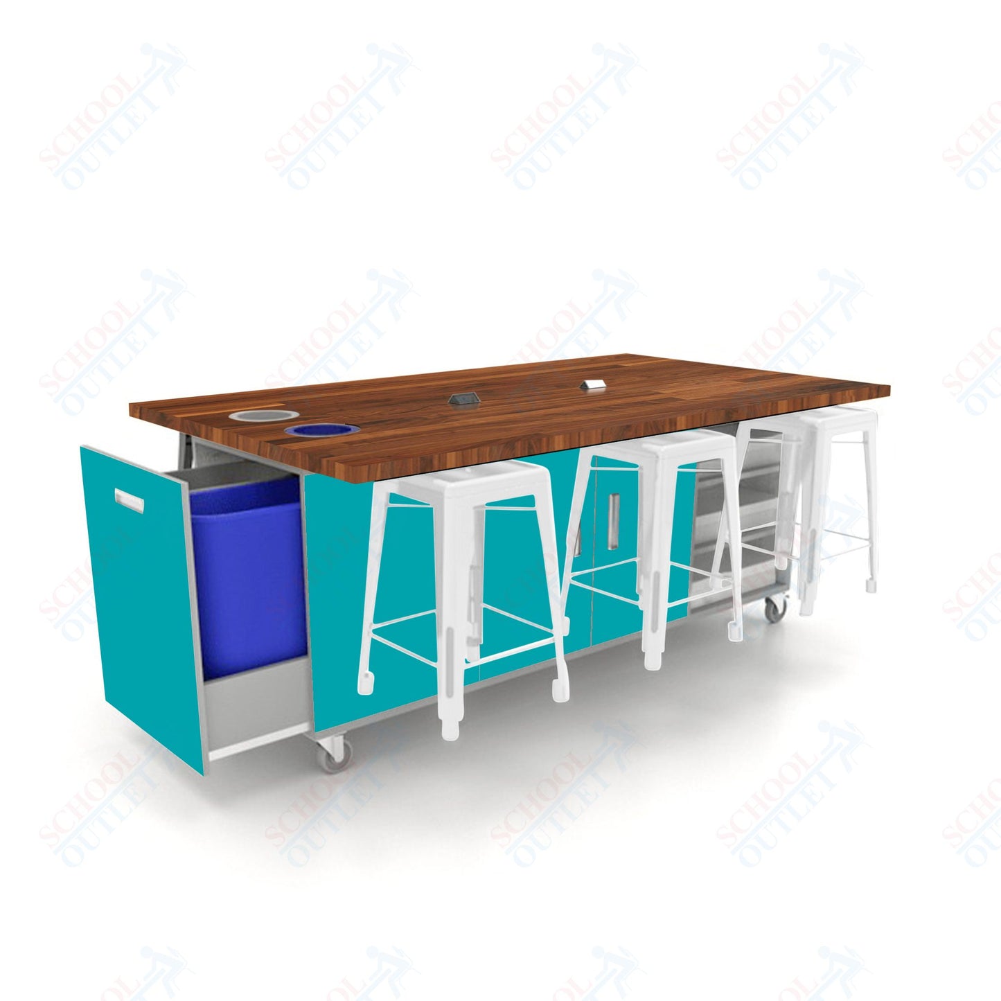 CEF ED Original Table 36"H Butcher Block Top, Laminate Base with  6 Stools, Storage Bins, Trash Bins, and Electrical Outlets Included.