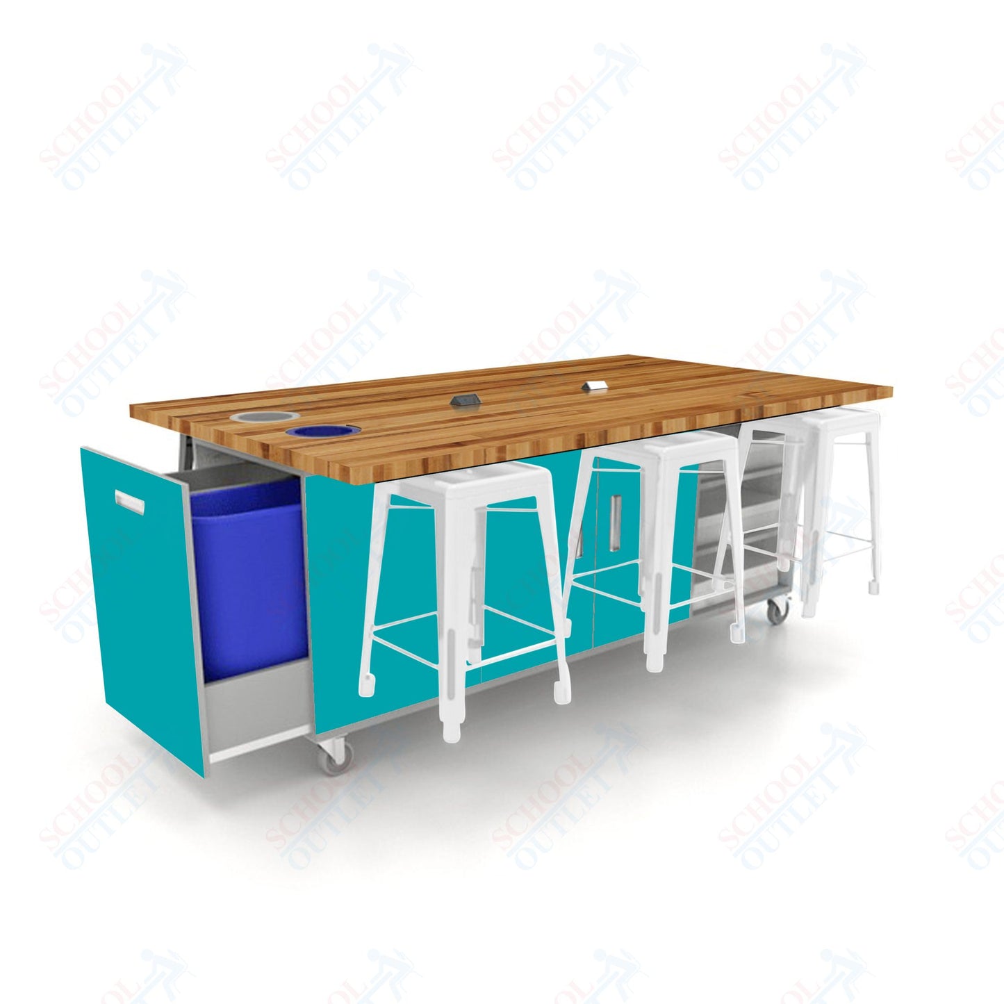 CEF ED Original Table 36"H Butcher Block Top, Laminate Base with  6 Stools, Storage Bins, Trash Bins, and Electrical Outlets Included.