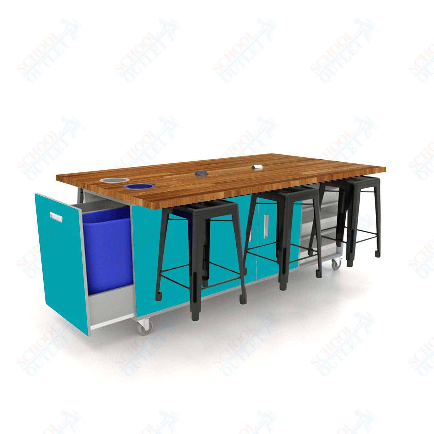 CEF ED Original Table 36"H Butcher Block Top, Laminate Base with  6 Stools, Storage Bins, Trash Bins, and Electrical Outlets Included.