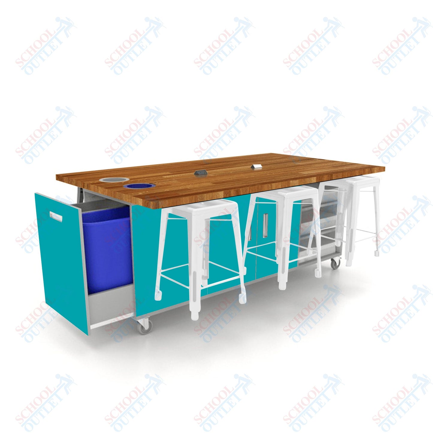 CEF ED Original Table 36"H Butcher Block Top, Laminate Base with  6 Stools, Storage Bins, Trash Bins, and Electrical Outlets Included.