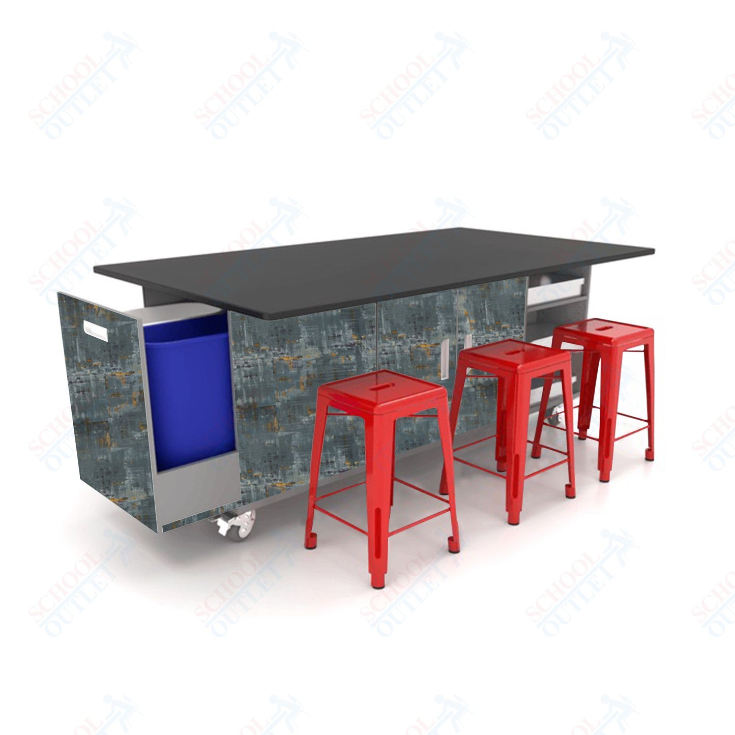 CEF ED Original Table 36"H Chemical Resistant Top, Laminate Base with  6 Stools, Storage Bins, Trash Bins, and Electrical Outlets Included.