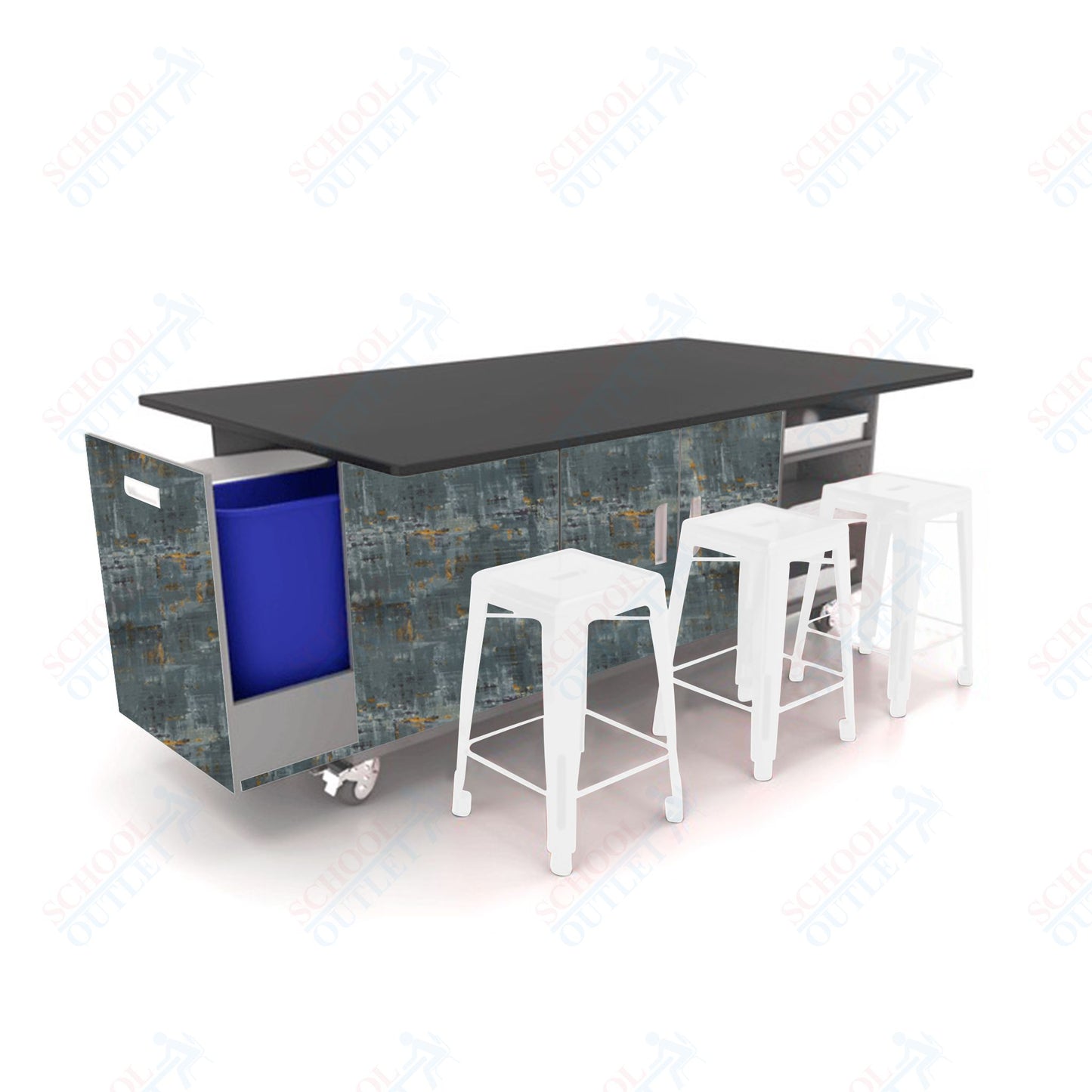 CEF ED Original Table 36"H Chemical Resistant Top, Laminate Base with  6 Stools, Storage Bins, Trash Bins, and Electrical Outlets Included.