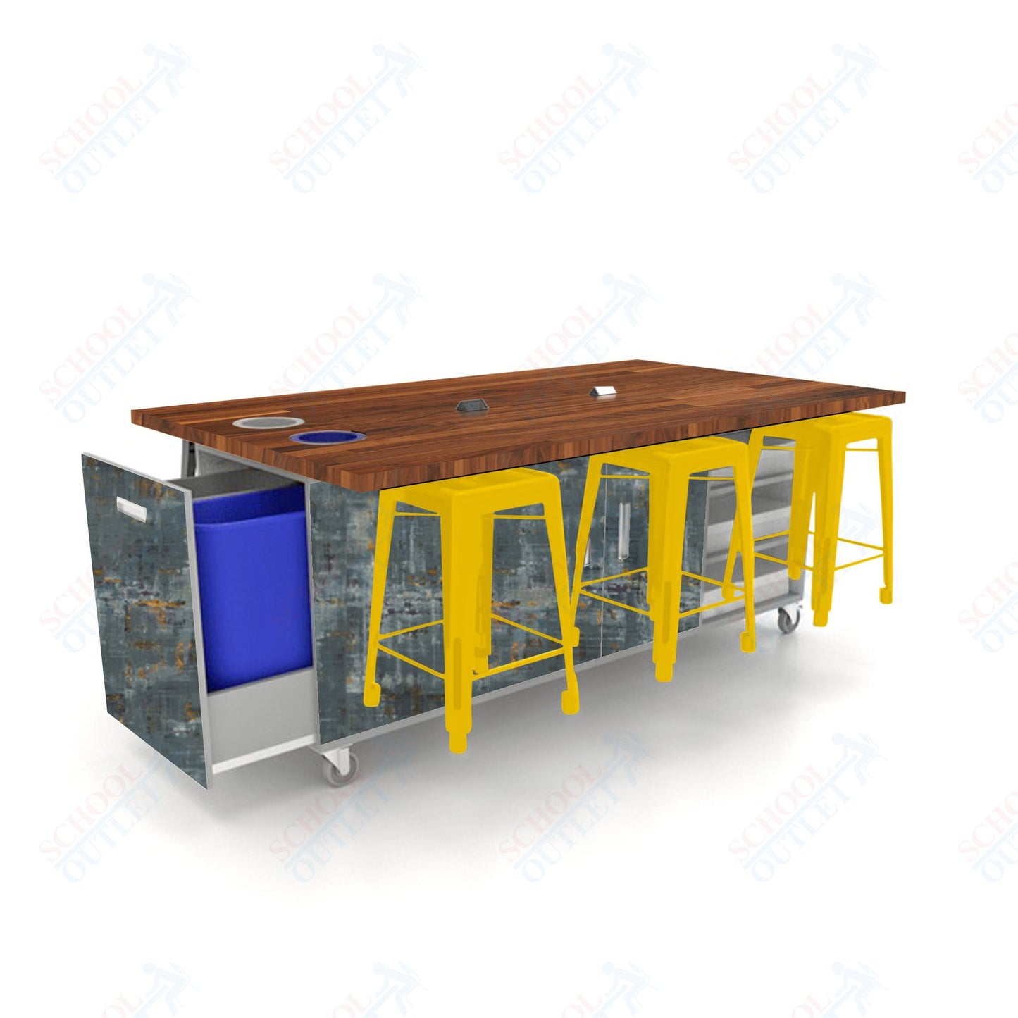 CEF ED Original Table 36"H Butcher Block Top, Laminate Base with  6 Stools, Storage Bins, Trash Bins, and Electrical Outlets Included.