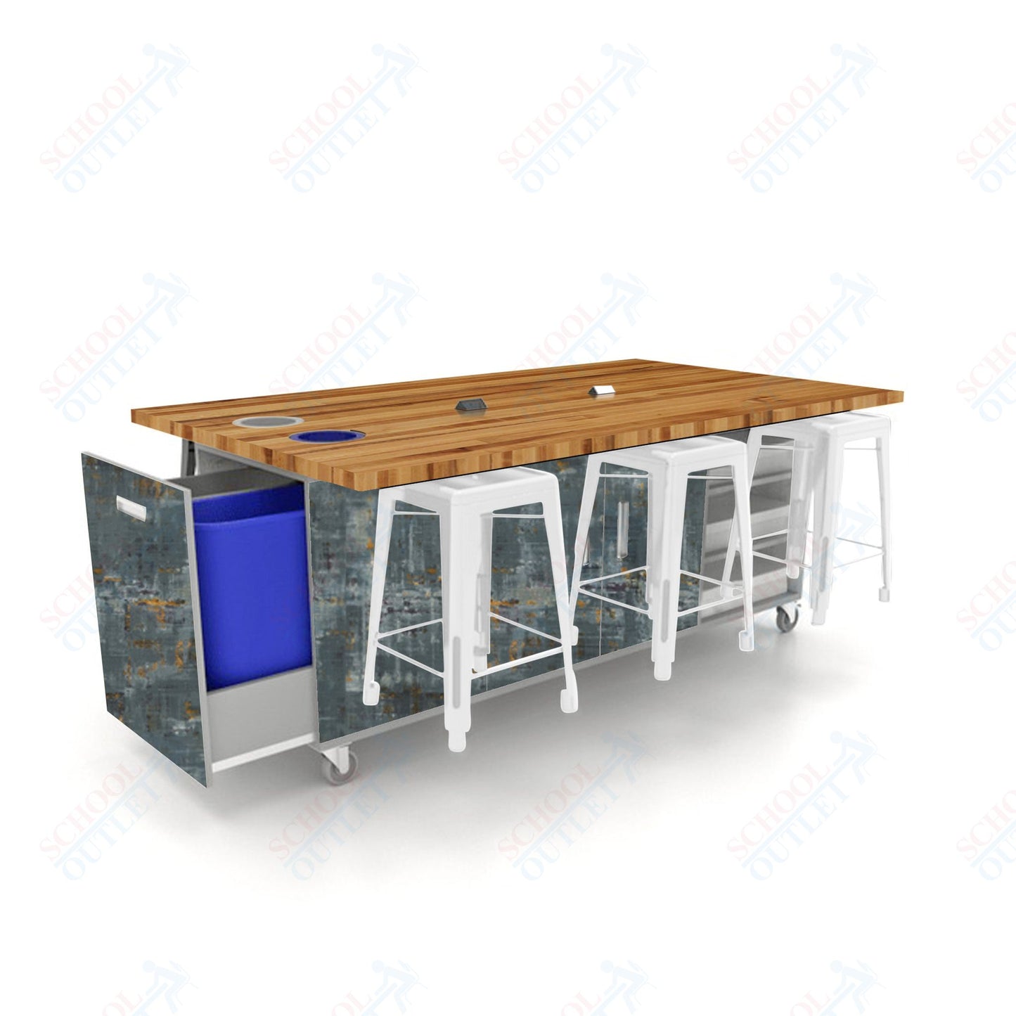 CEF ED Original Table 36"H Butcher Block Top, Laminate Base with  6 Stools, Storage Bins, Trash Bins, and Electrical Outlets Included.