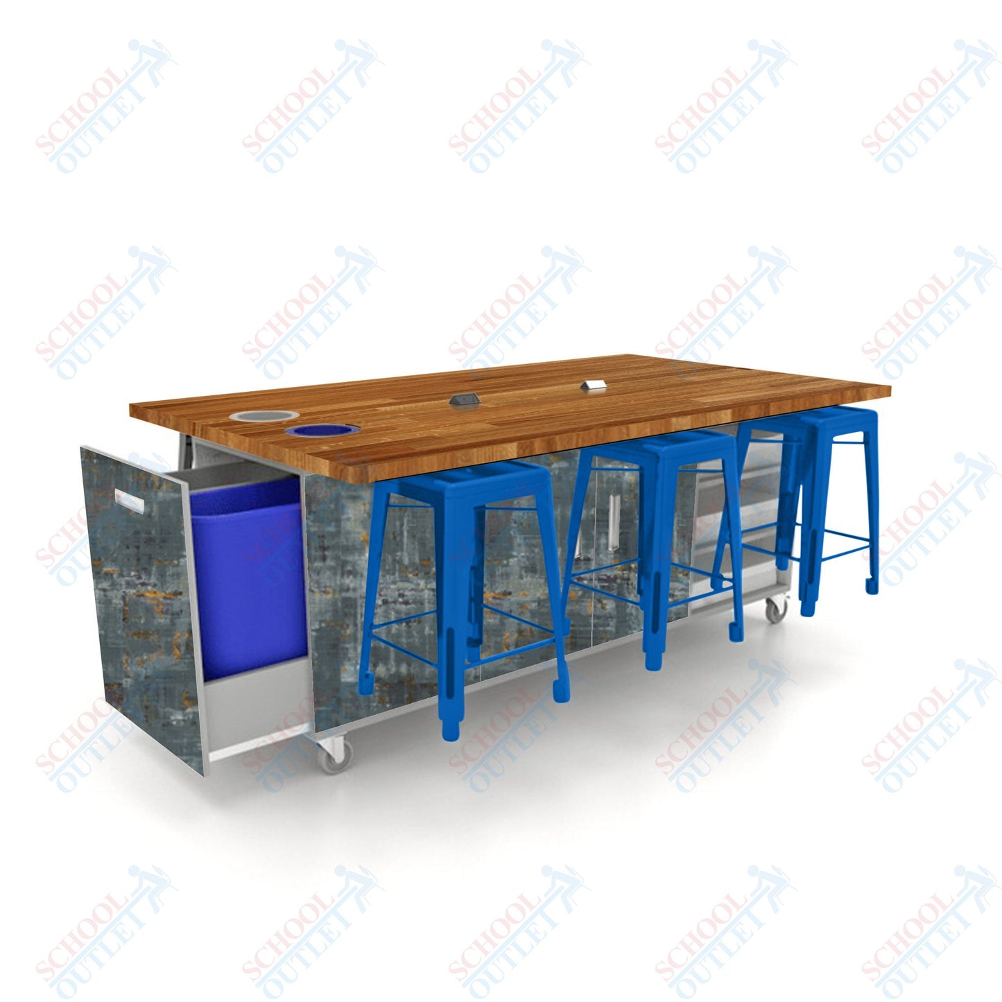 CEF ED Original Table 36"H Butcher Block Top, Laminate Base with  6 Stools, Storage Bins, Trash Bins, and Electrical Outlets Included.