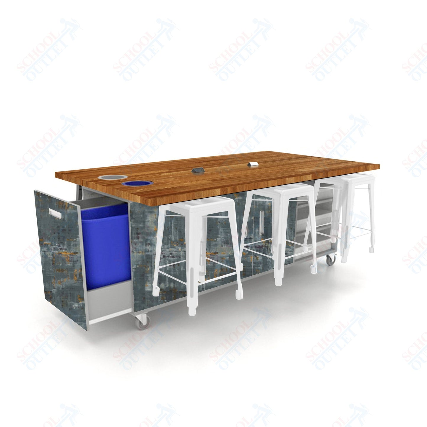 CEF ED Original Table 36"H Butcher Block Top, Laminate Base with  6 Stools, Storage Bins, Trash Bins, and Electrical Outlets Included.