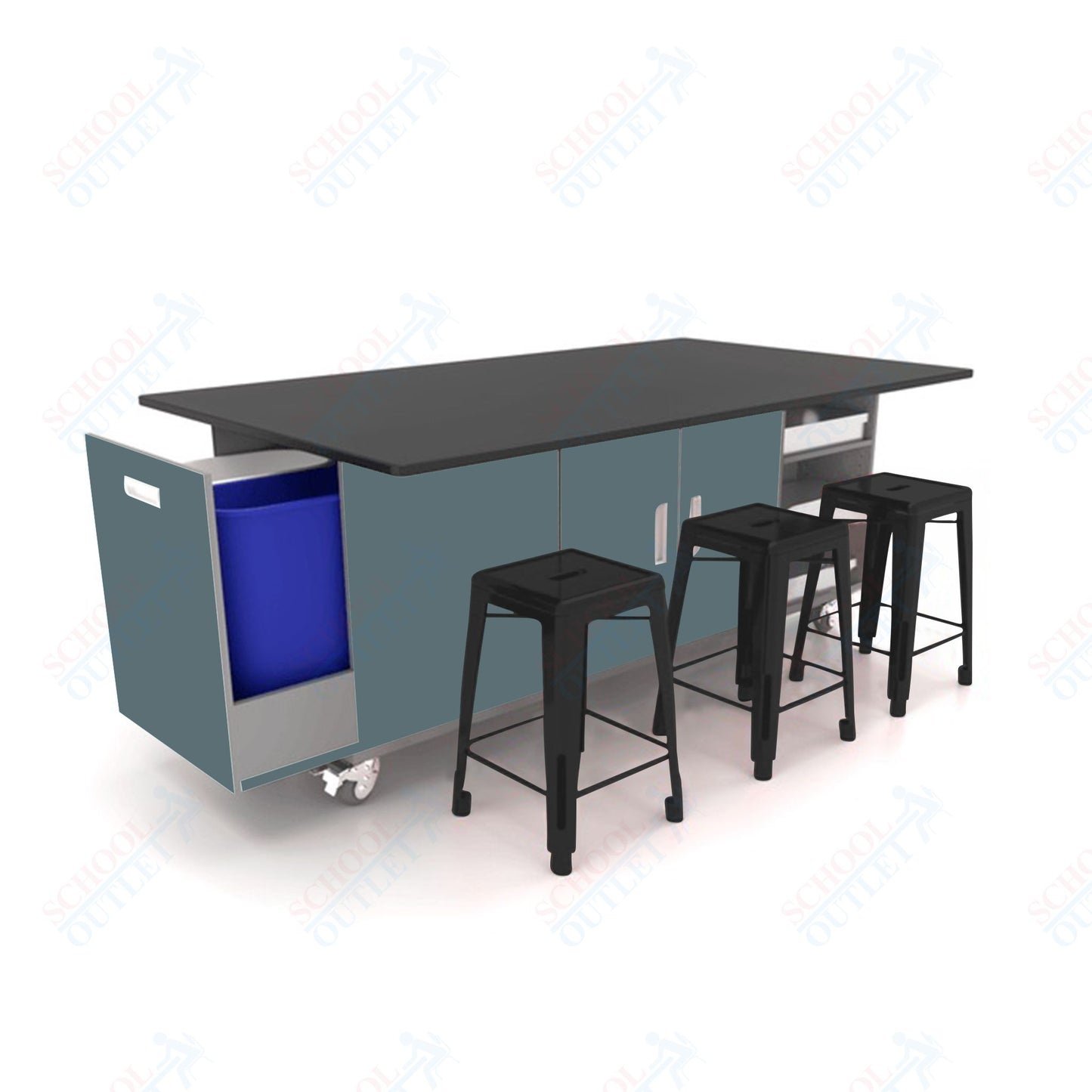 CEF ED Original Table 36"H Chemical Resistant Top, Laminate Base with  6 Stools, Storage Bins, Trash Bins, and Electrical Outlets Included.