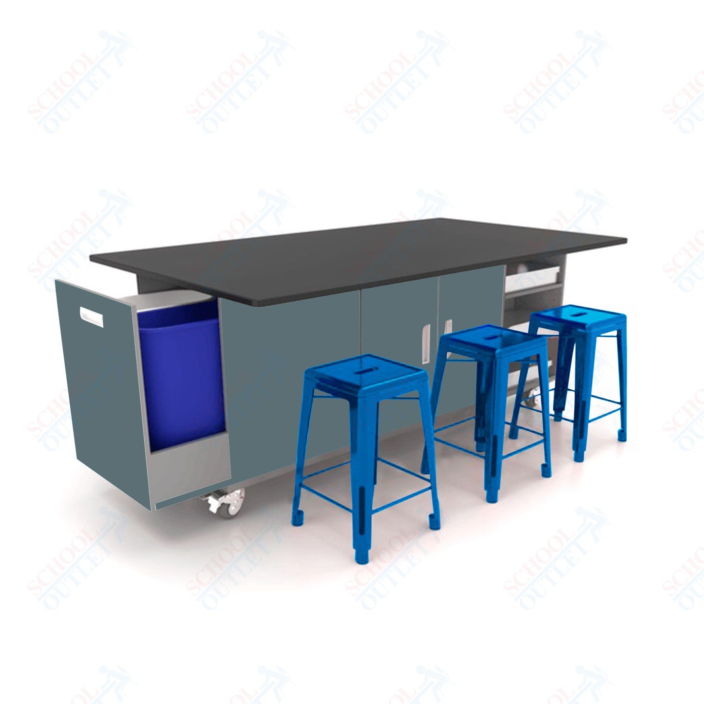 CEF ED Original Table 36"H Chemical Resistant Top, Laminate Base with  6 Stools, Storage Bins, Trash Bins, and Electrical Outlets Included.