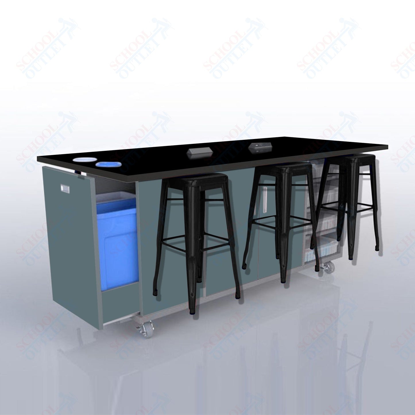 CEF ED Original Table 36"H High Pressure Laminate Top, Laminate Base with  6 Stools, Storage Bins, Trash Bins, and Electrical Outlets Included.