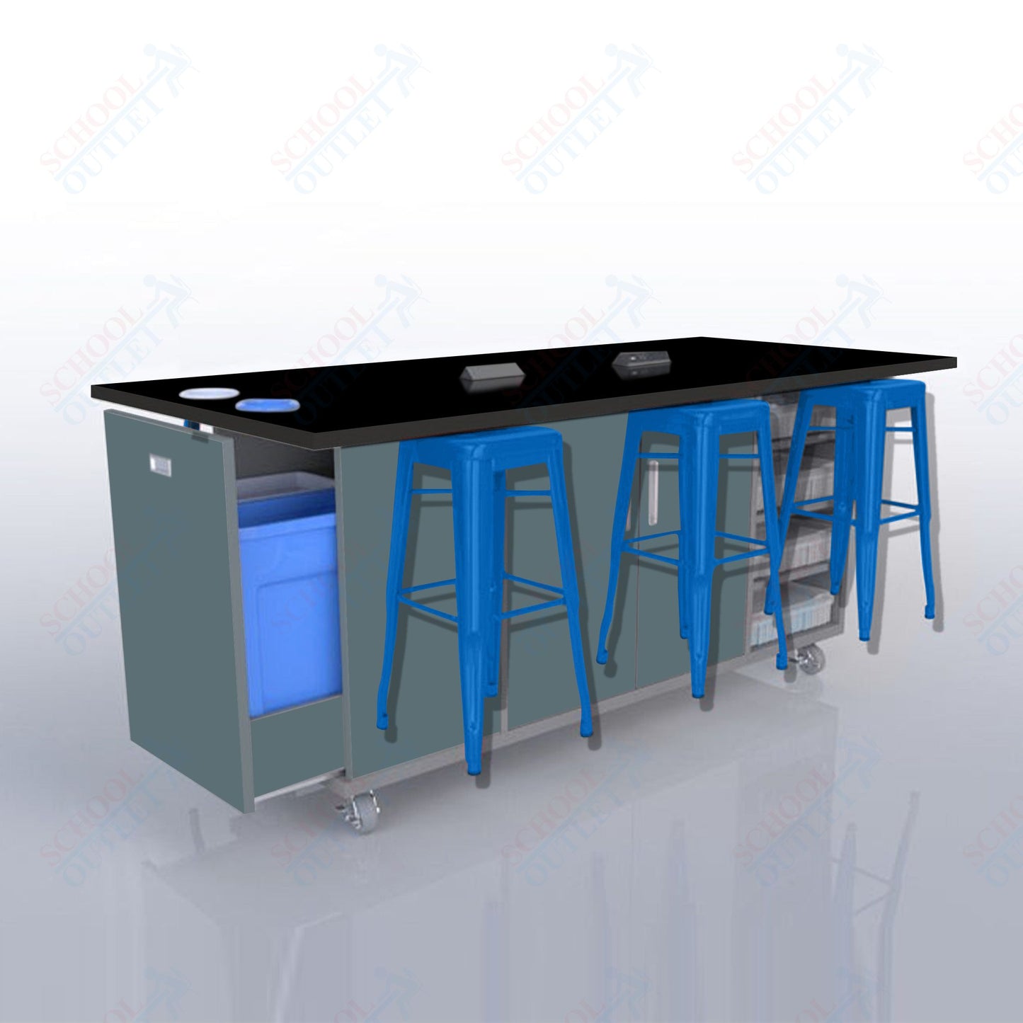 CEF ED Original Table 36"H High Pressure Laminate Top, Laminate Base with  6 Stools, Storage Bins, Trash Bins, and Electrical Outlets Included.