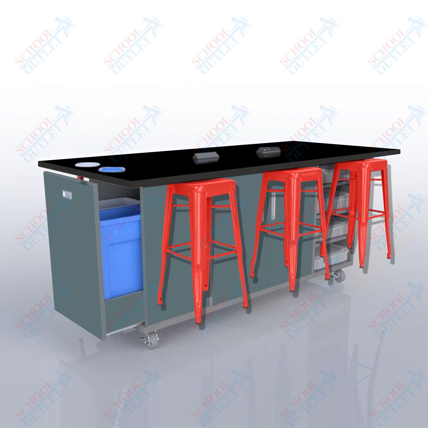 CEF ED Original Table 36"H High Pressure Laminate Top, Laminate Base with  6 Stools, Storage Bins, Trash Bins, and Electrical Outlets Included.