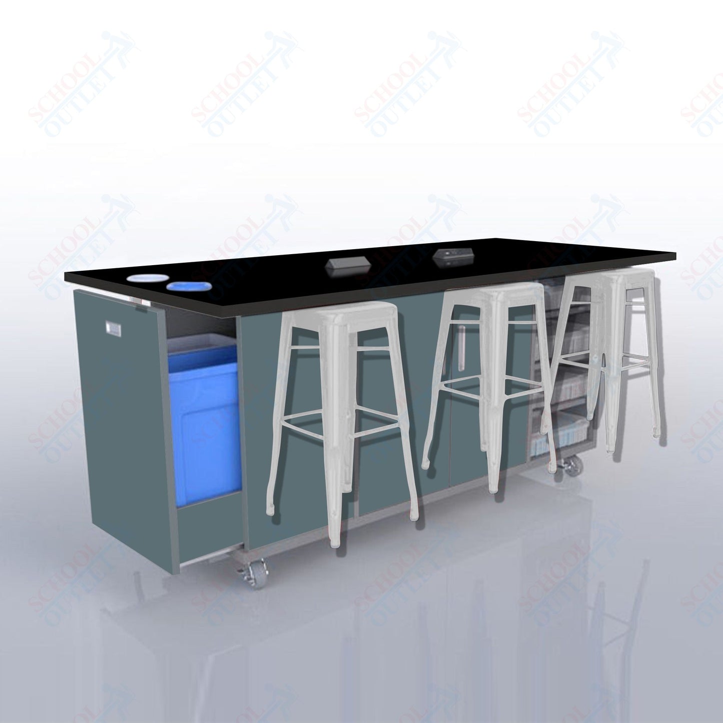 CEF ED Original Table 36"H High Pressure Laminate Top, Laminate Base with  6 Stools, Storage Bins, Trash Bins, and Electrical Outlets Included.