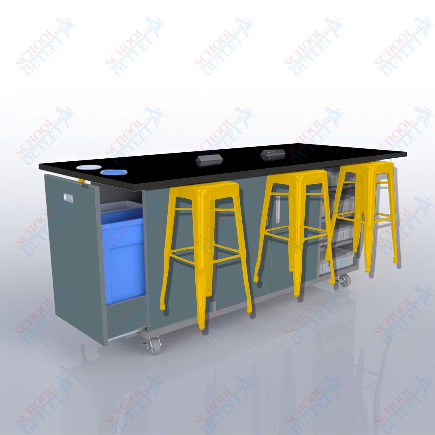 CEF ED Original Table 36"H High Pressure Laminate Top, Laminate Base with  6 Stools, Storage Bins, Trash Bins, and Electrical Outlets Included.