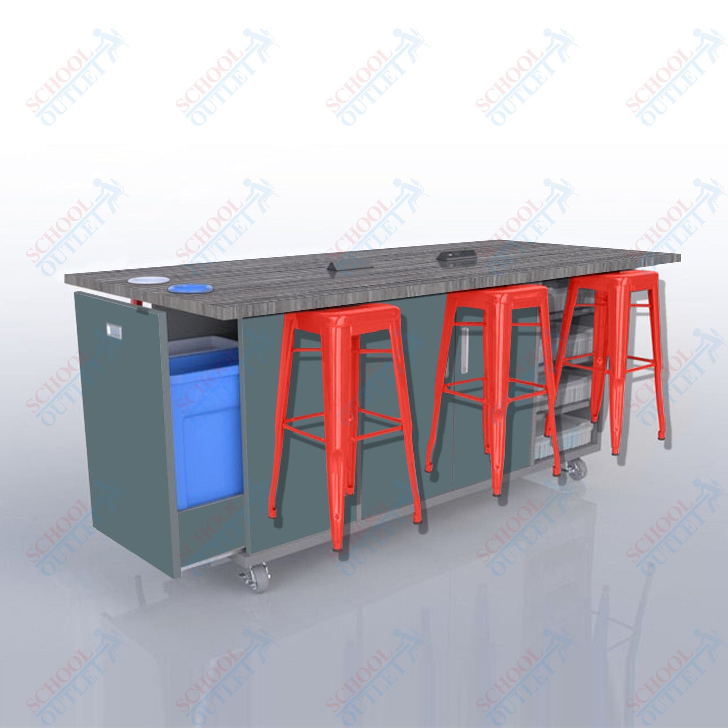 CEF ED Original Table 36"H High Pressure Laminate Top, Laminate Base with  6 Stools, Storage Bins, Trash Bins, and Electrical Outlets Included.