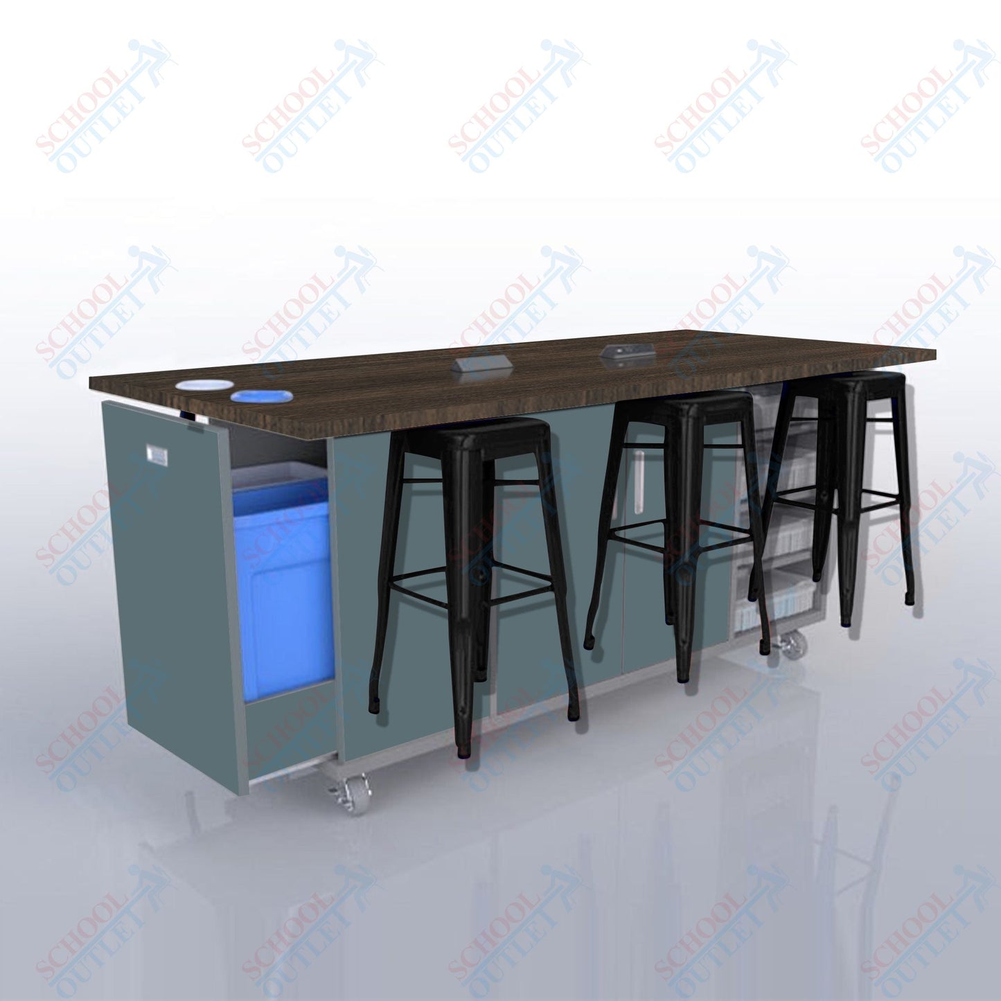 CEF ED Original Table 36"H High Pressure Laminate Top, Laminate Base with  6 Stools, Storage Bins, Trash Bins, and Electrical Outlets Included.