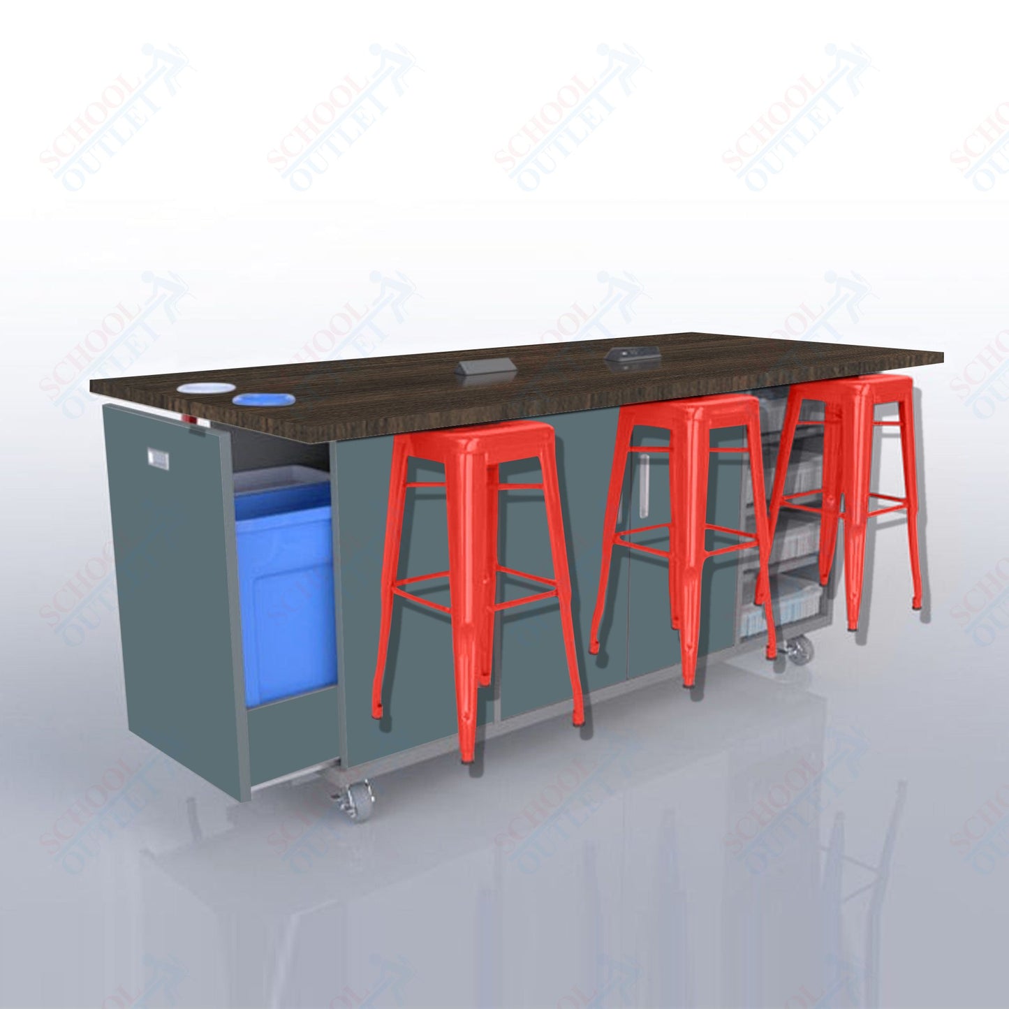 CEF ED Original Table 36"H High Pressure Laminate Top, Laminate Base with  6 Stools, Storage Bins, Trash Bins, and Electrical Outlets Included.