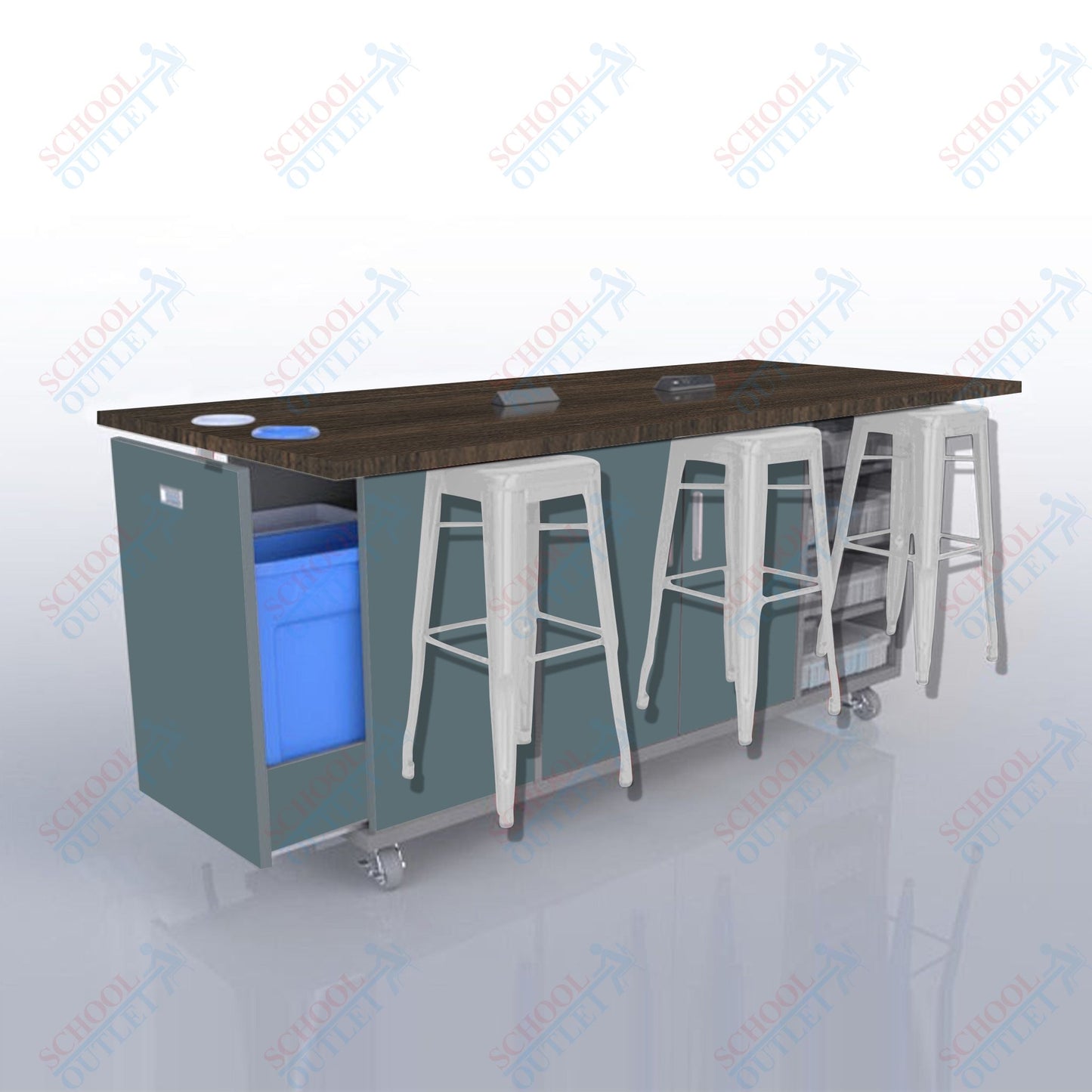 CEF ED Original Table 36"H High Pressure Laminate Top, Laminate Base with  6 Stools, Storage Bins, Trash Bins, and Electrical Outlets Included.