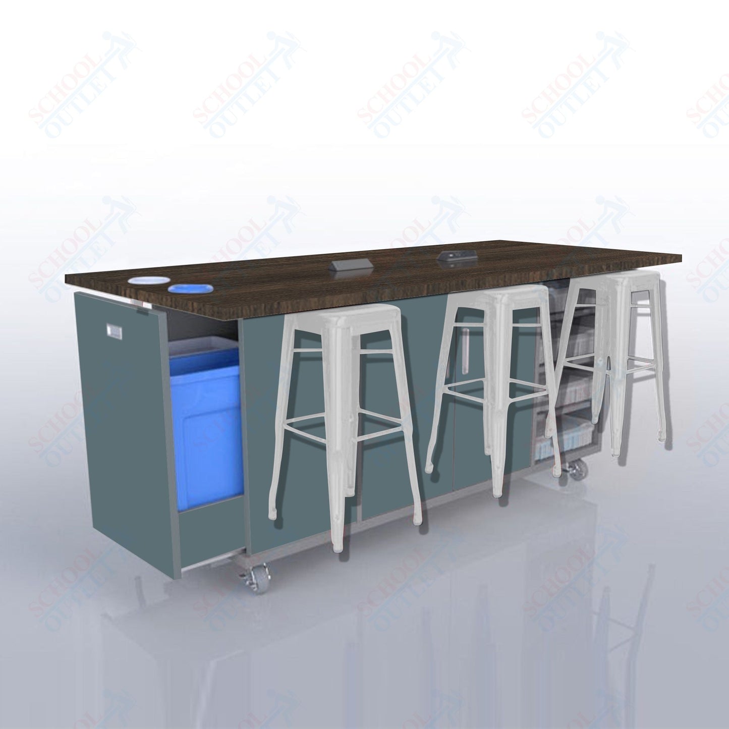 CEF ED Original Table 36"H High Pressure Laminate Top, Laminate Base with  6 Stools, Storage Bins, Trash Bins, and Electrical Outlets Included.