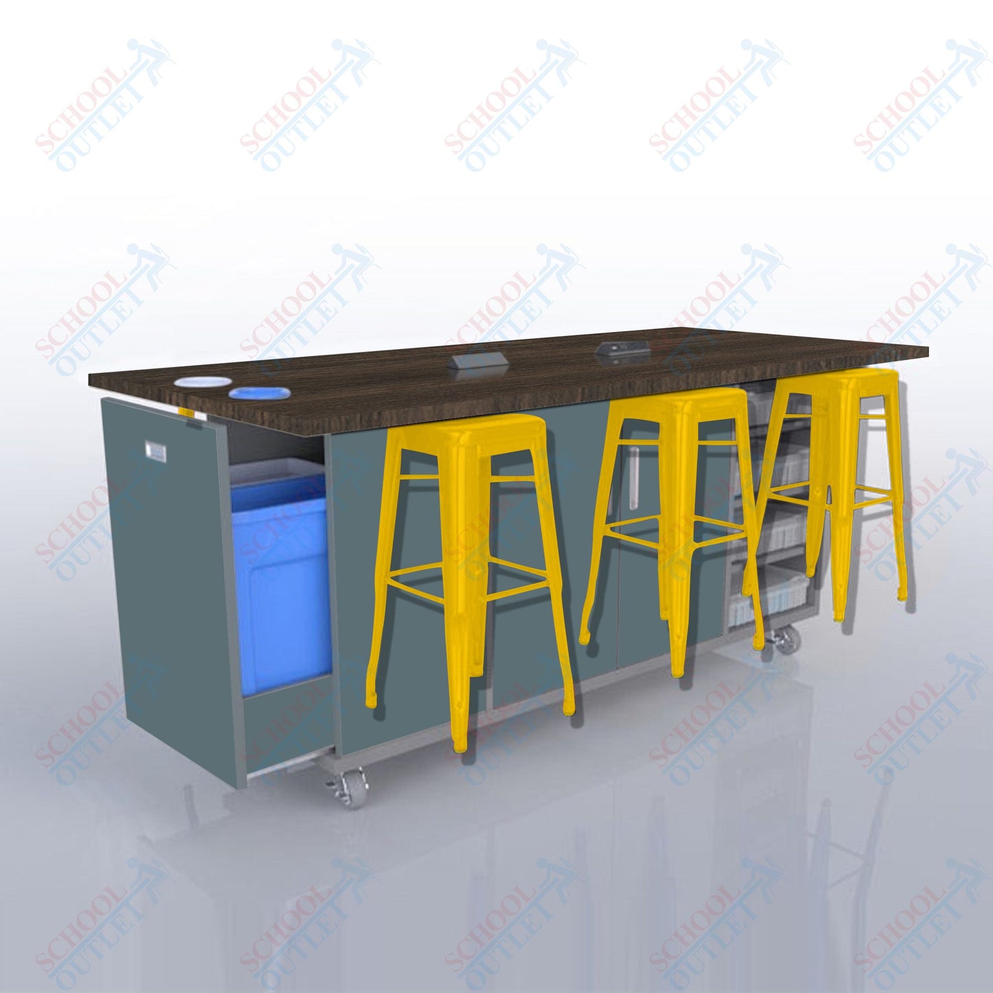 CEF ED Original Table 36"H High Pressure Laminate Top, Laminate Base with  6 Stools, Storage Bins, Trash Bins, and Electrical Outlets Included.