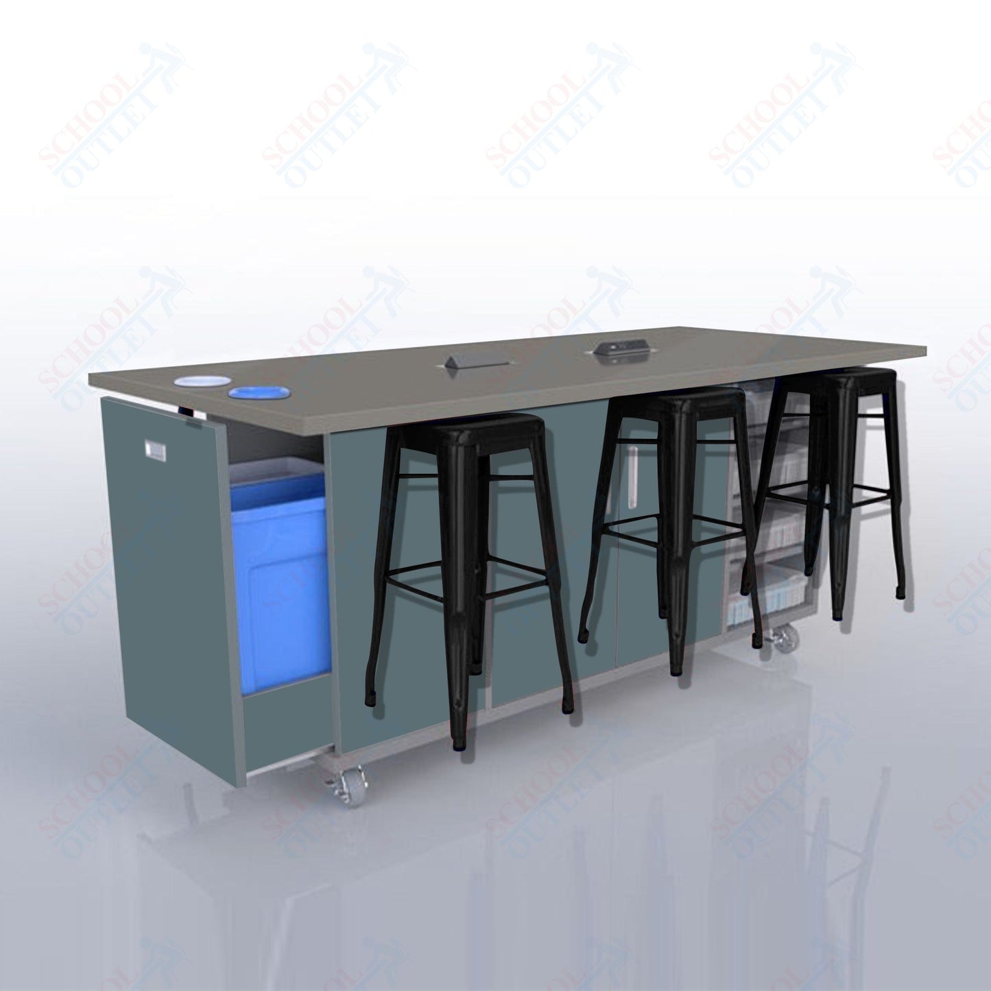 CEF ED Original Table 36"H High Pressure Laminate Top, Laminate Base with  6 Stools, Storage Bins, Trash Bins, and Electrical Outlets Included.