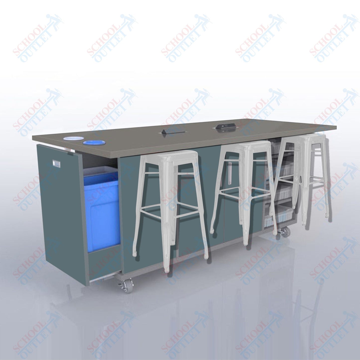 CEF ED Original Table 36"H High Pressure Laminate Top, Laminate Base with  6 Stools, Storage Bins, Trash Bins, and Electrical Outlets Included.