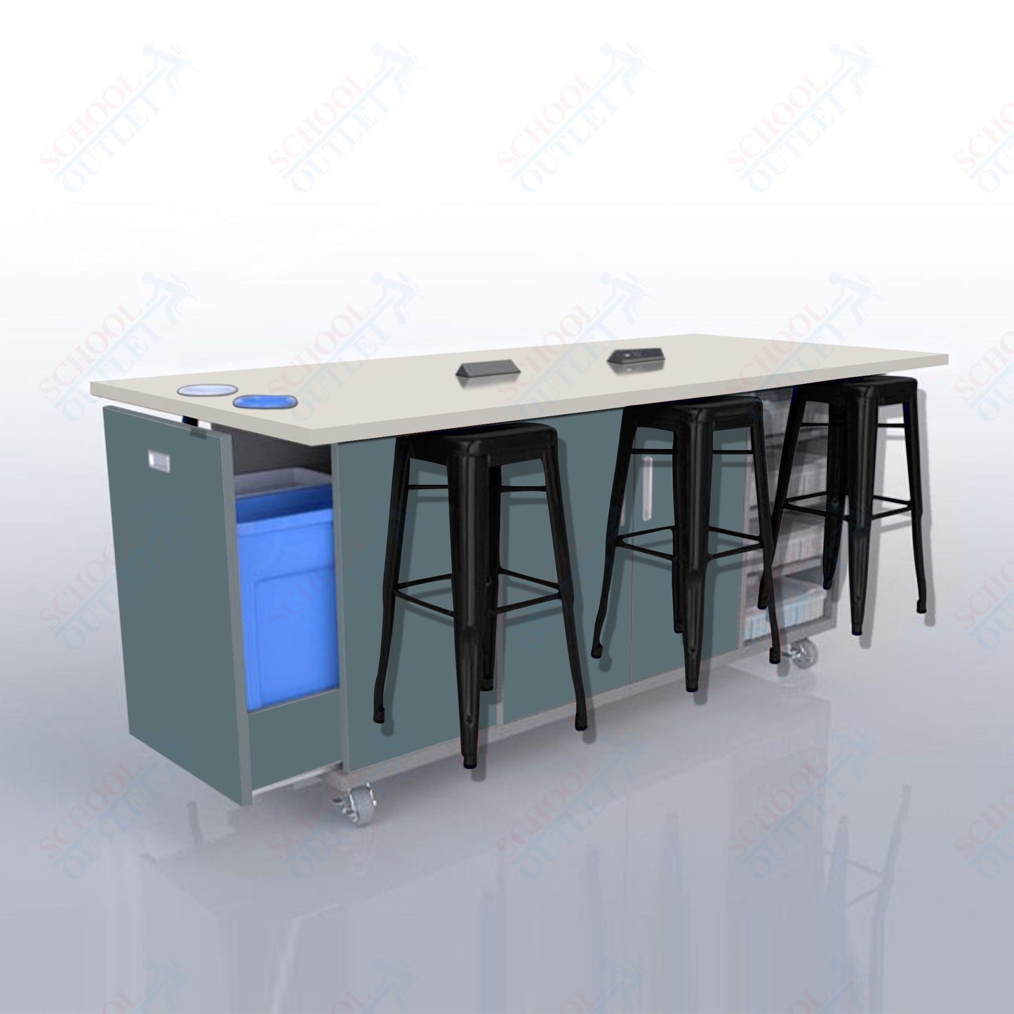 CEF ED Original Table 36"H High Pressure Laminate Top, Laminate Base with  6 Stools, Storage Bins, Trash Bins, and Electrical Outlets Included.