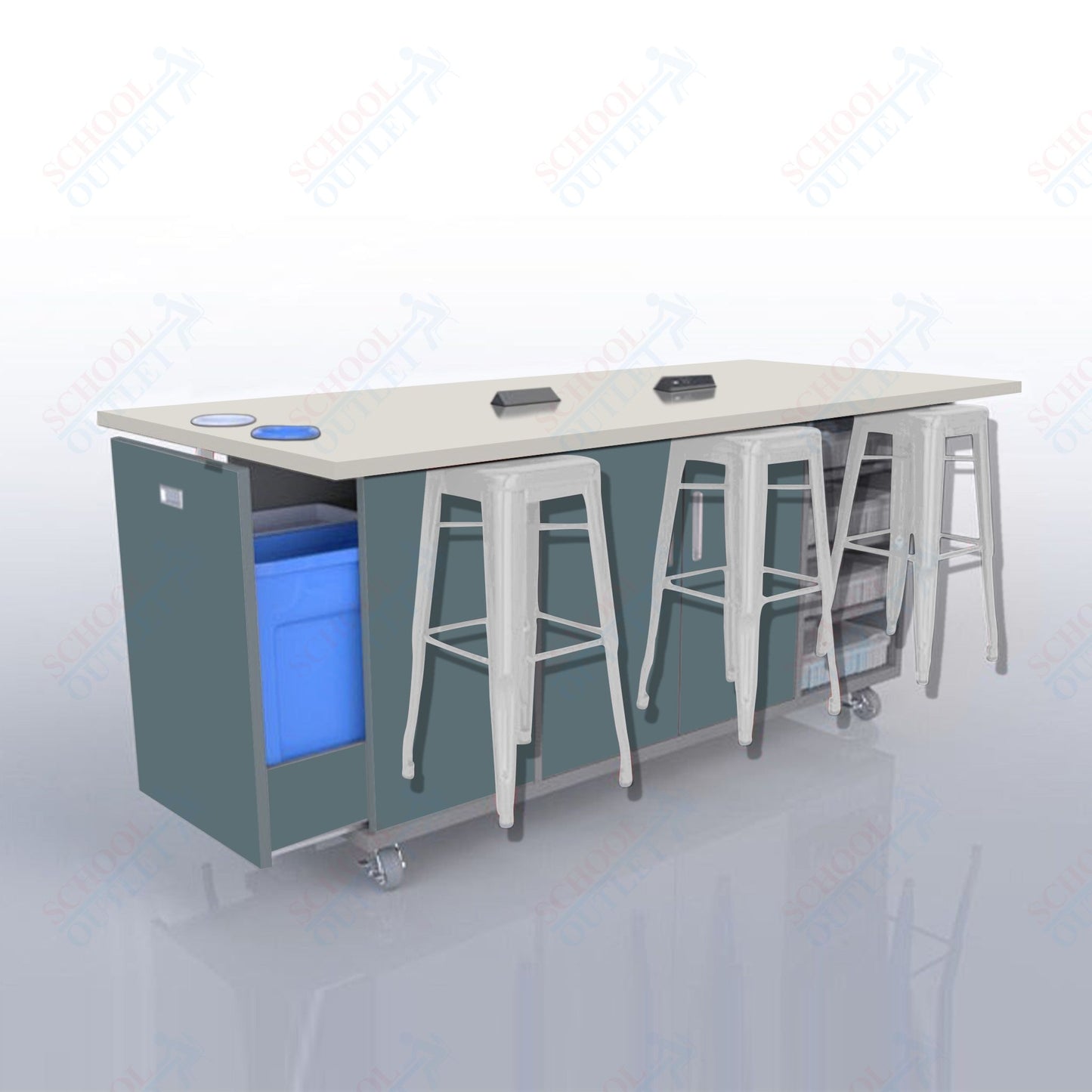 CEF ED Original Table 36"H High Pressure Laminate Top, Laminate Base with  6 Stools, Storage Bins, Trash Bins, and Electrical Outlets Included.