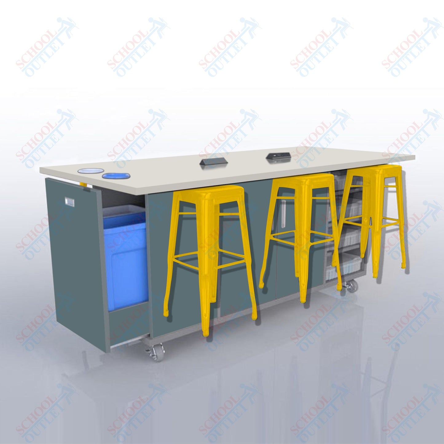 CEF ED Original Table 36"H High Pressure Laminate Top, Laminate Base with  6 Stools, Storage Bins, Trash Bins, and Electrical Outlets Included.