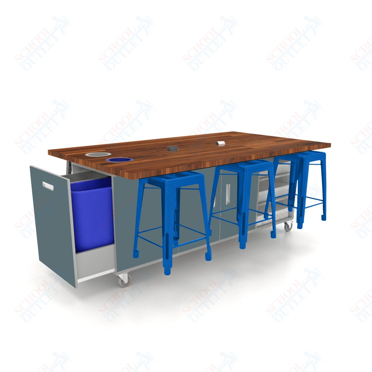 CEF ED Original Table 36"H Butcher Block Top, Laminate Base with  6 Stools, Storage Bins, Trash Bins, and Electrical Outlets Included.