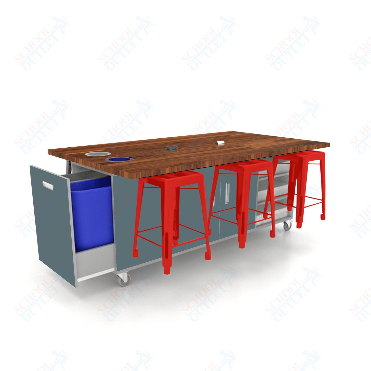 CEF ED Original Table 36"H Butcher Block Top, Laminate Base with  6 Stools, Storage Bins, Trash Bins, and Electrical Outlets Included.