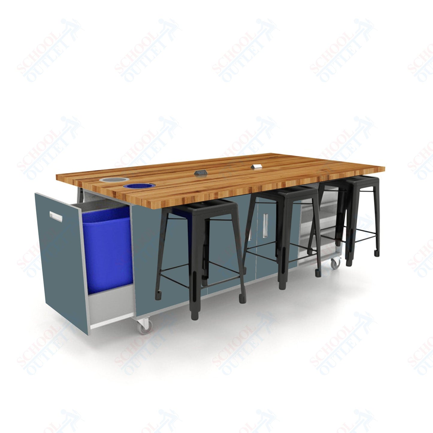 CEF ED Original Table 36"H Butcher Block Top, Laminate Base with  6 Stools, Storage Bins, Trash Bins, and Electrical Outlets Included.