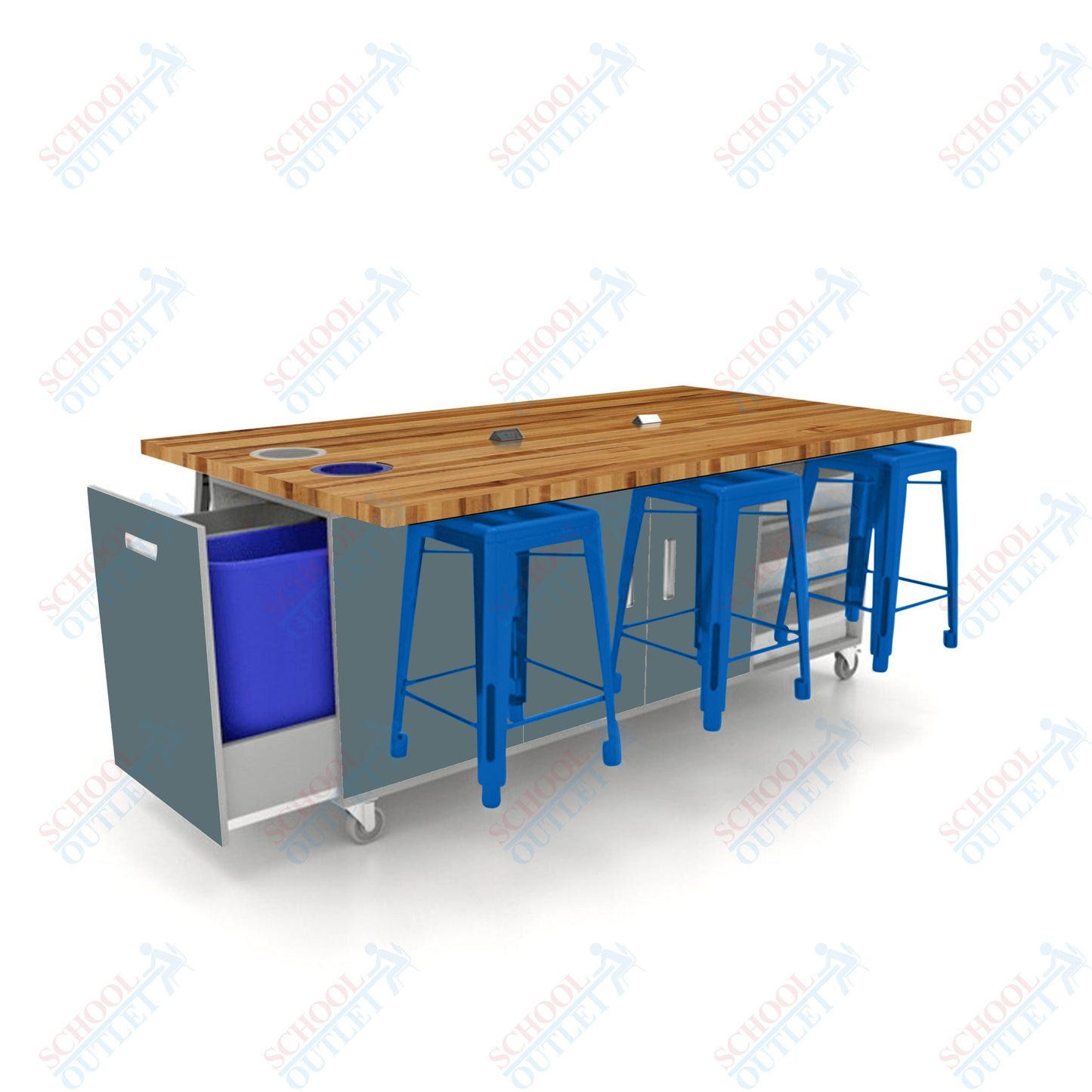 CEF ED Original Table 36"H Butcher Block Top, Laminate Base with  6 Stools, Storage Bins, Trash Bins, and Electrical Outlets Included.