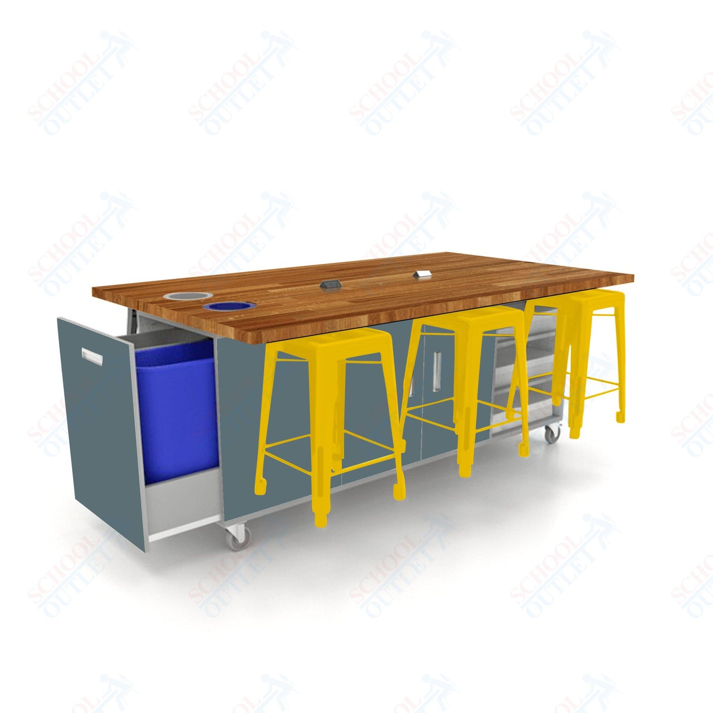 CEF ED Original Table 36"H Butcher Block Top, Laminate Base with  6 Stools, Storage Bins, Trash Bins, and Electrical Outlets Included.