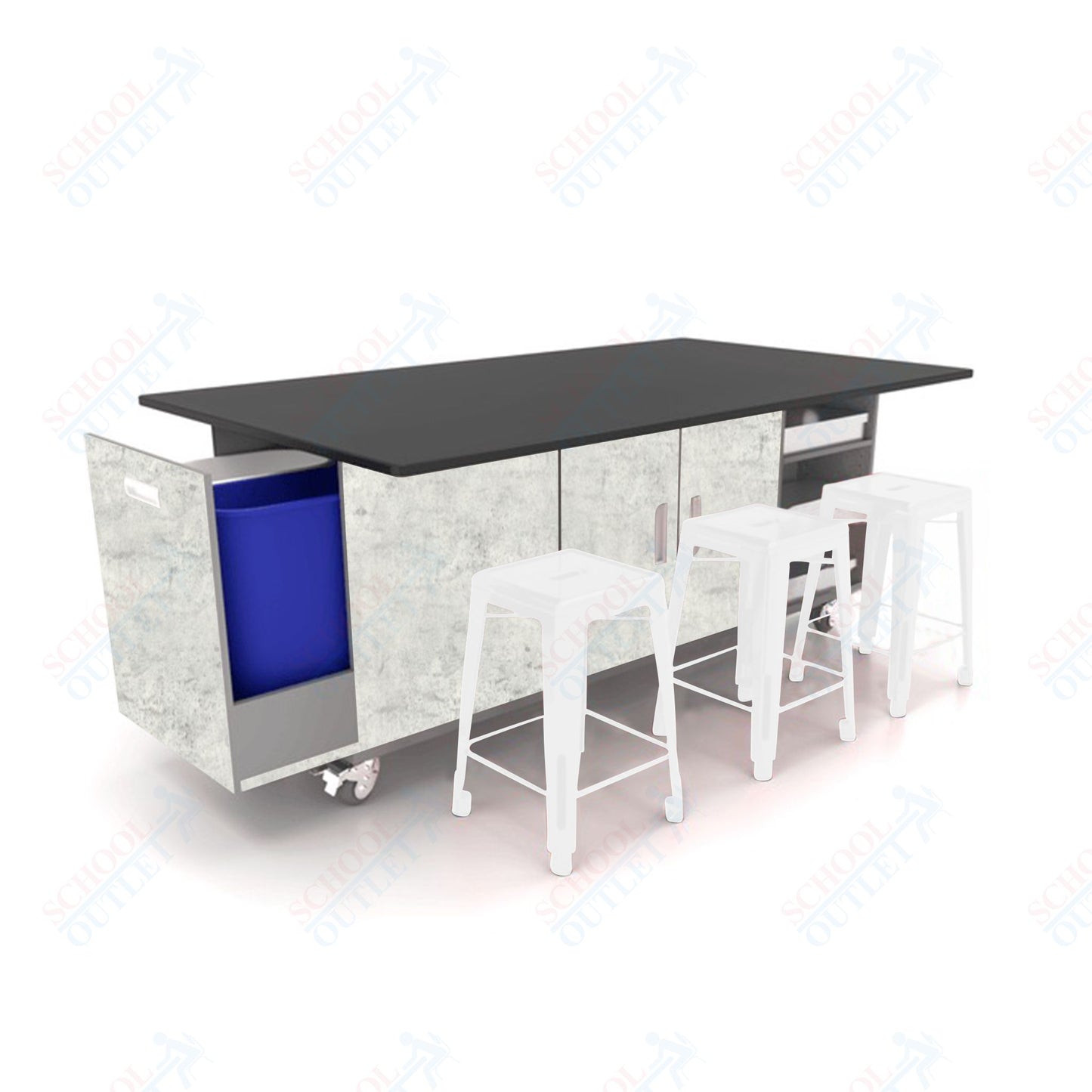 CEF ED Original Table 42"H Chemical Resistant Top, Laminate Base with  6 Stools, Storage Bins, Trash Bins, and Electrical Outlets Included.