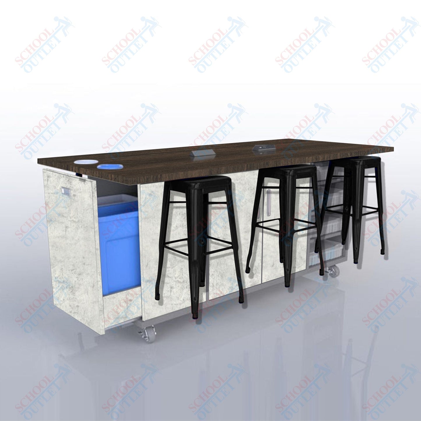 CEF ED Original Table 42"H High Pressure Laminate Top, Laminate Base with  6 Stools, Storage Bins, Trash Bins, and Electrical Outlets Included.