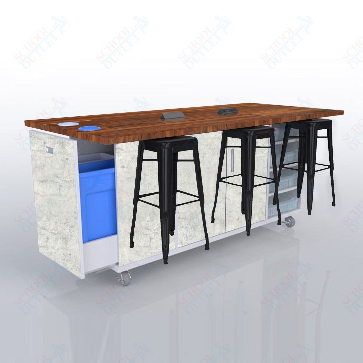 CEF ED Original Table 42"H Butcher Block Top, Laminate Base with  6 Stools, Storage Bins, Trash Bins, and Electrical Outlets Included.