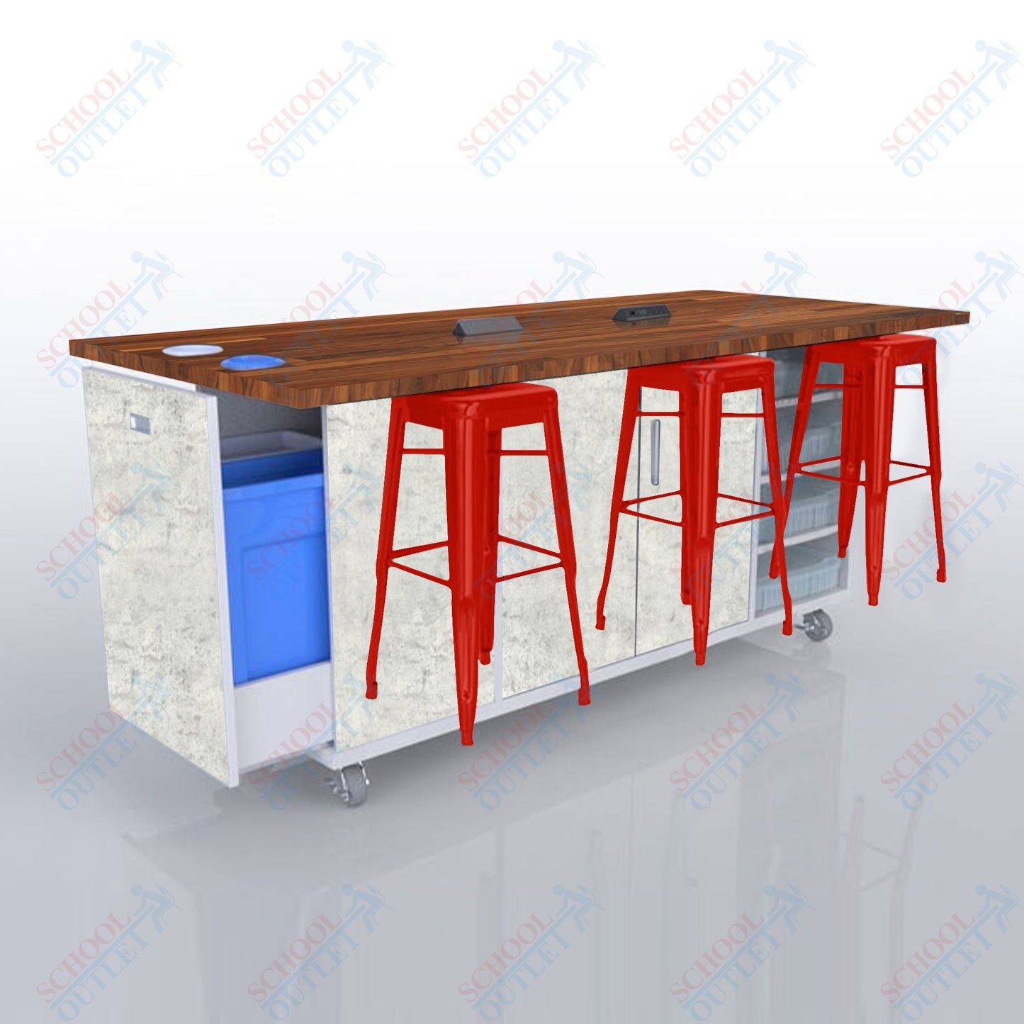 CEF ED Original Table 42"H Butcher Block Top, Laminate Base with  6 Stools, Storage Bins, Trash Bins, and Electrical Outlets Included.