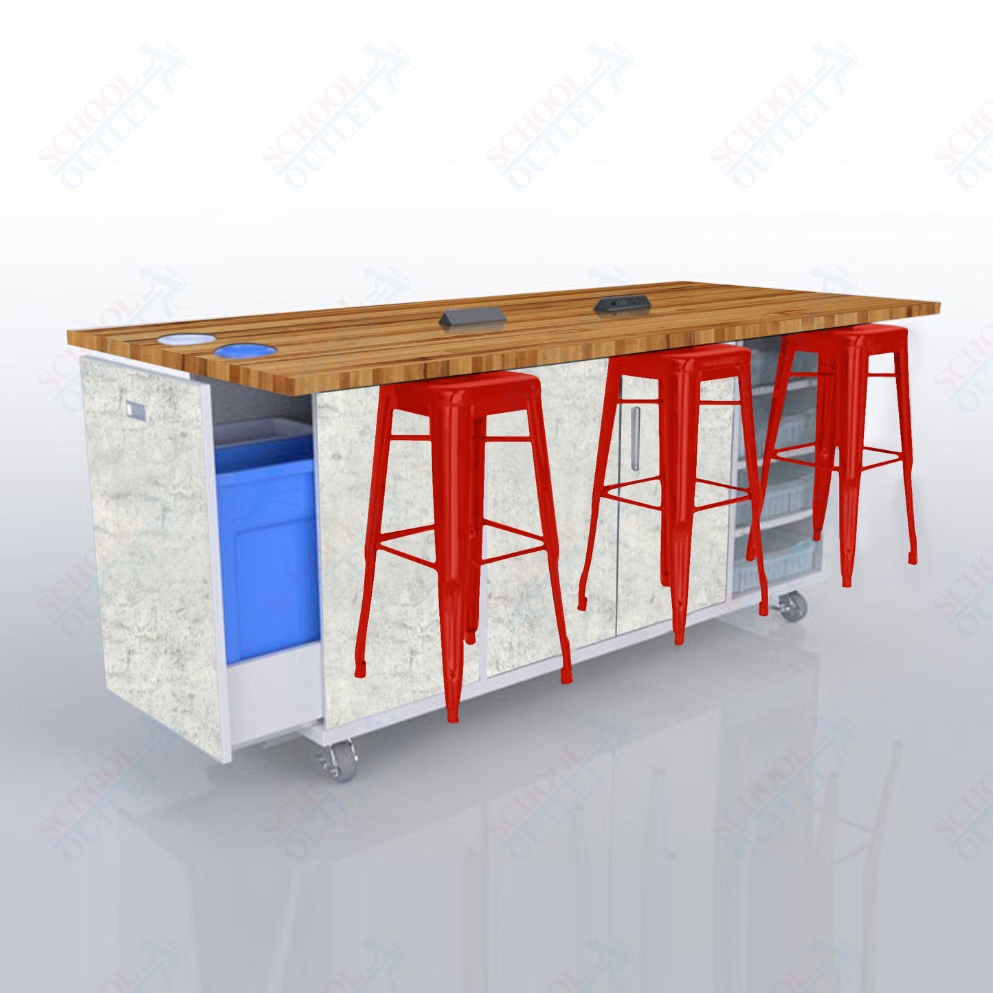 CEF ED Original Table 42"H Butcher Block Top, Laminate Base with  6 Stools, Storage Bins, Trash Bins, and Electrical Outlets Included.