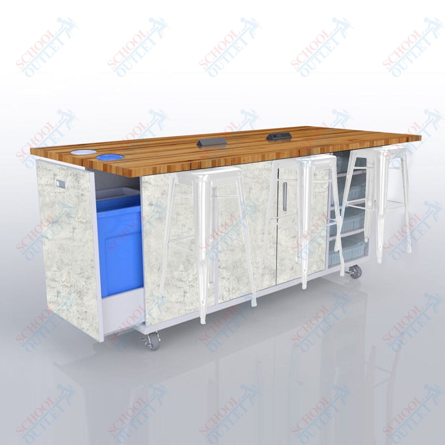 CEF ED Original Table 42"H Butcher Block Top, Laminate Base with  6 Stools, Storage Bins, Trash Bins, and Electrical Outlets Included.