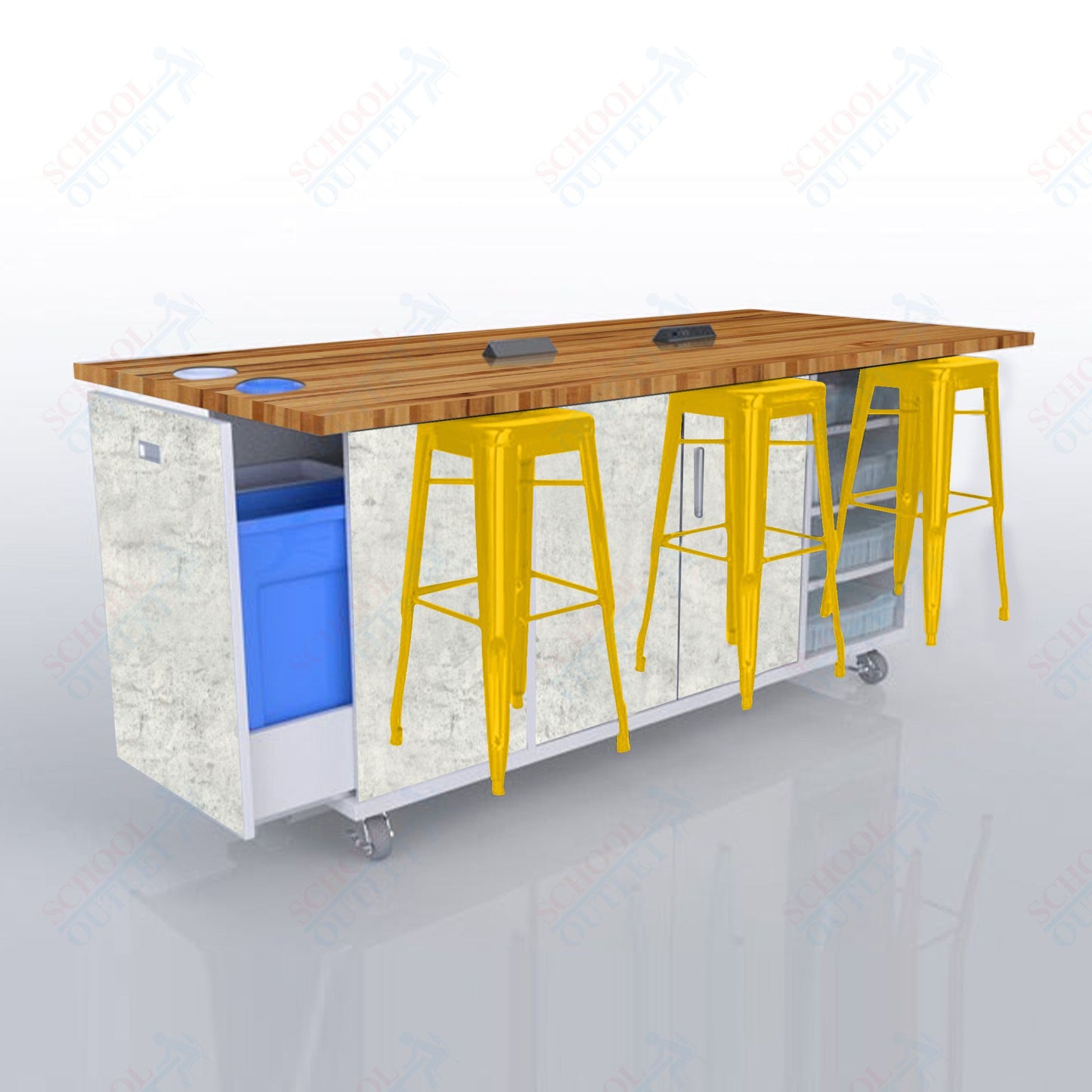 CEF ED Original Table 42"H Butcher Block Top, Laminate Base with  6 Stools, Storage Bins, Trash Bins, and Electrical Outlets Included.