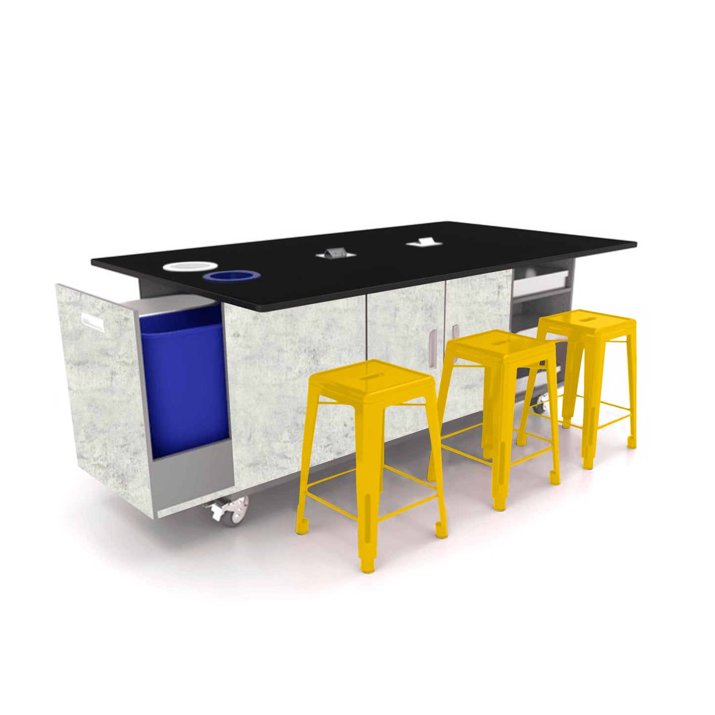 CEF ED Original Table 42"H Tough Top, Laminate Base with  6 Stools, Storage Bins, Trash Bins, and Electrical Outlets Included.