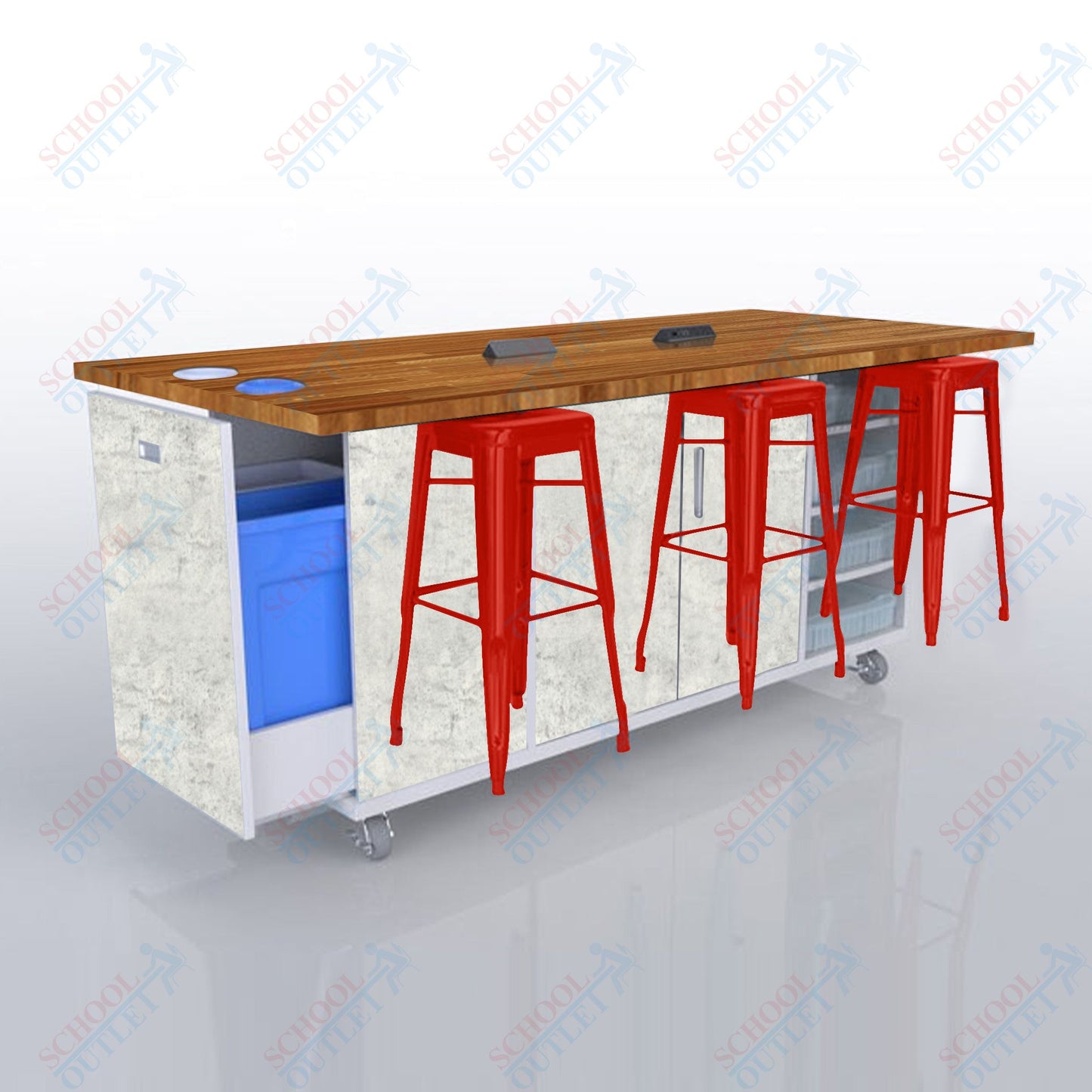 CEF ED Original Table 42"H Butcher Block Top, Laminate Base with  6 Stools, Storage Bins, Trash Bins, and Electrical Outlets Included.