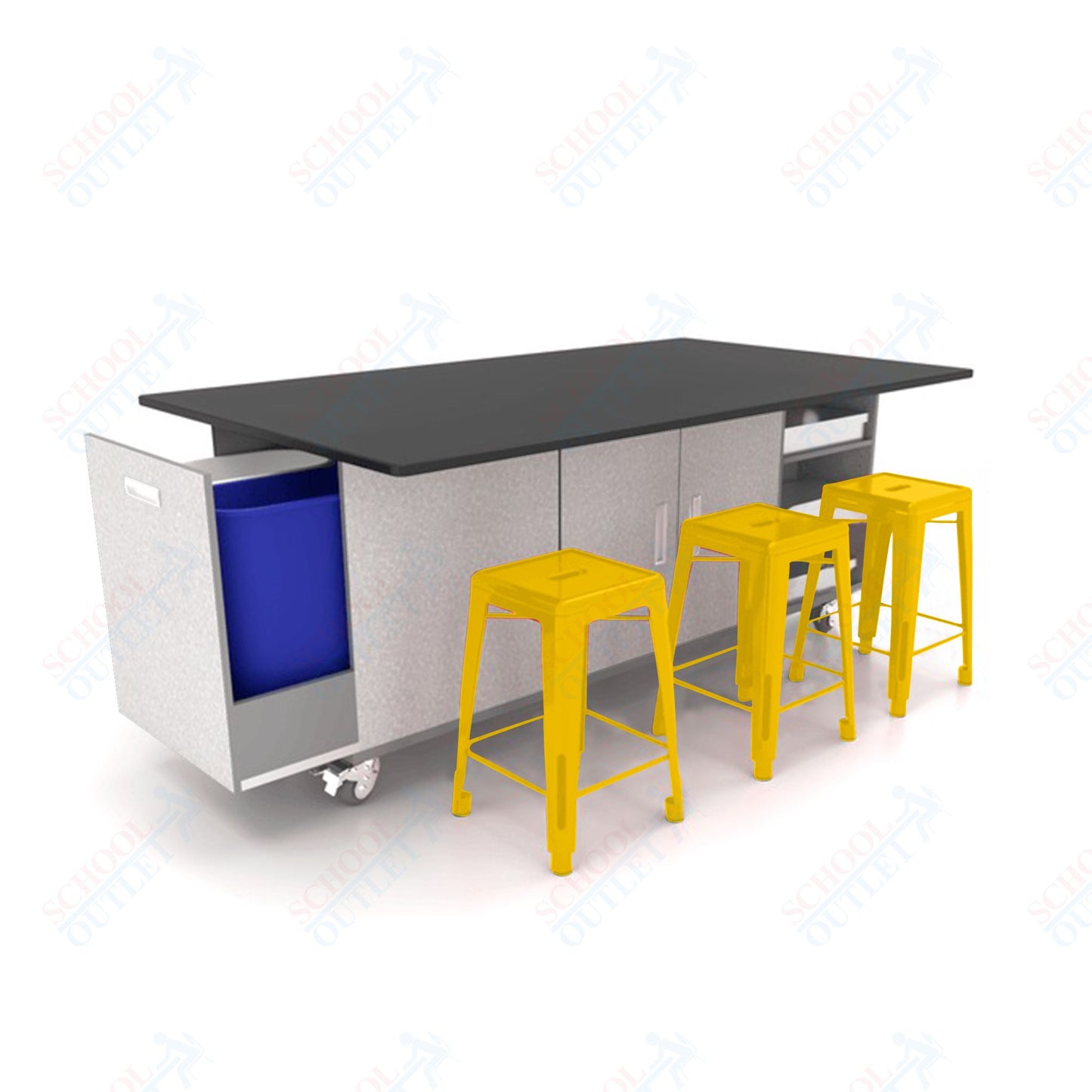 CEF ED Original Table 42"H Chemical Resistant Top, Laminate Base with  6 Stools, Storage Bins, Trash Bins, and Electrical Outlets Included.