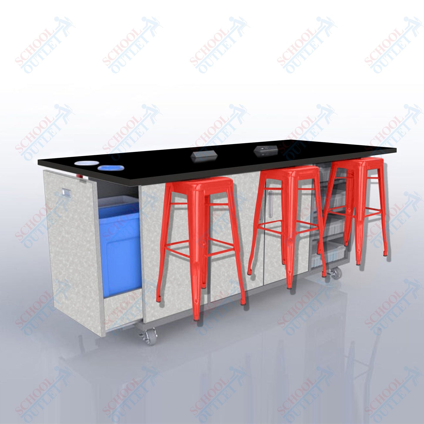 CEF ED Original Table 42"H High Pressure Laminate Top, Laminate Base with  6 Stools, Storage Bins, Trash Bins, and Electrical Outlets Included.