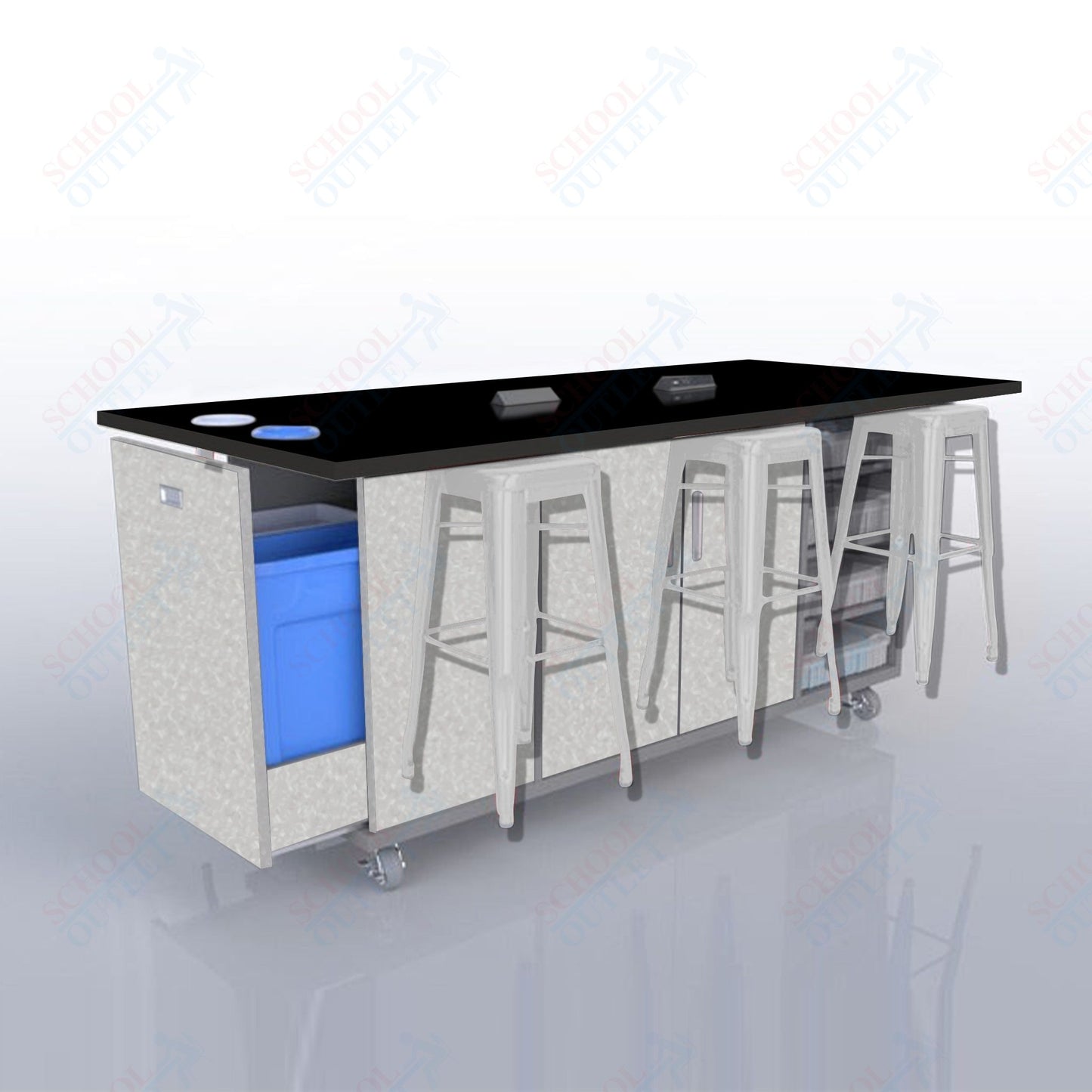 CEF ED Original Table 42"H High Pressure Laminate Top, Laminate Base with  6 Stools, Storage Bins, Trash Bins, and Electrical Outlets Included.