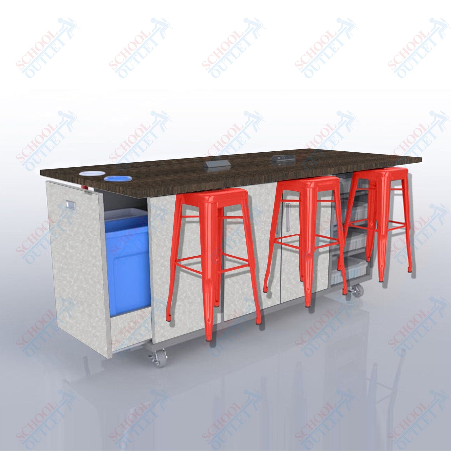 CEF ED Original Table 42"H High Pressure Laminate Top, Laminate Base with  6 Stools, Storage Bins, Trash Bins, and Electrical Outlets Included.